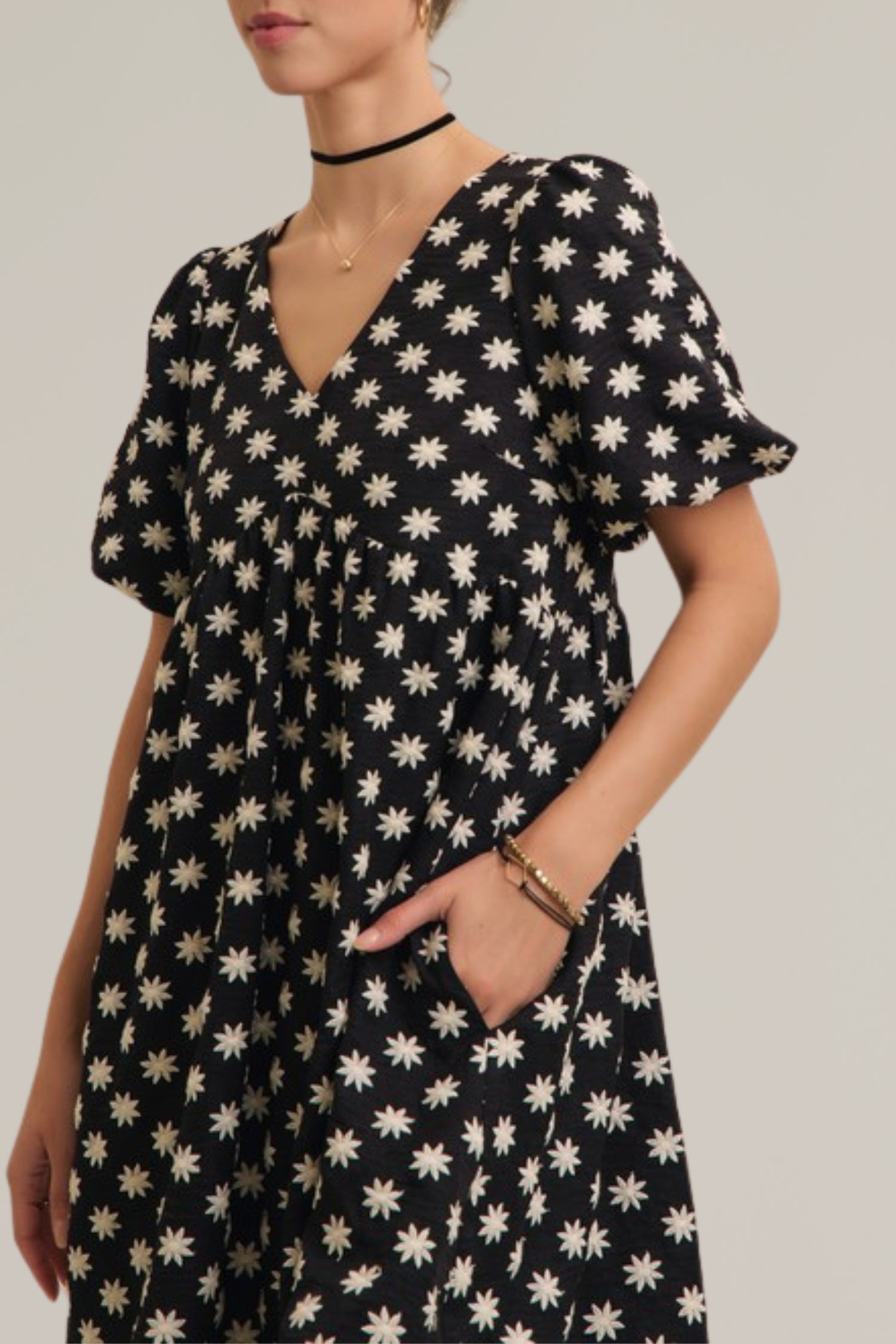 embroidered puff sleeve mini dress