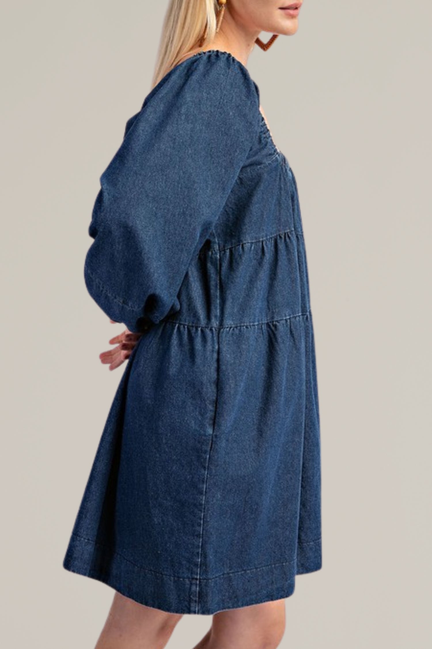 tiered denim long sleeve dress
