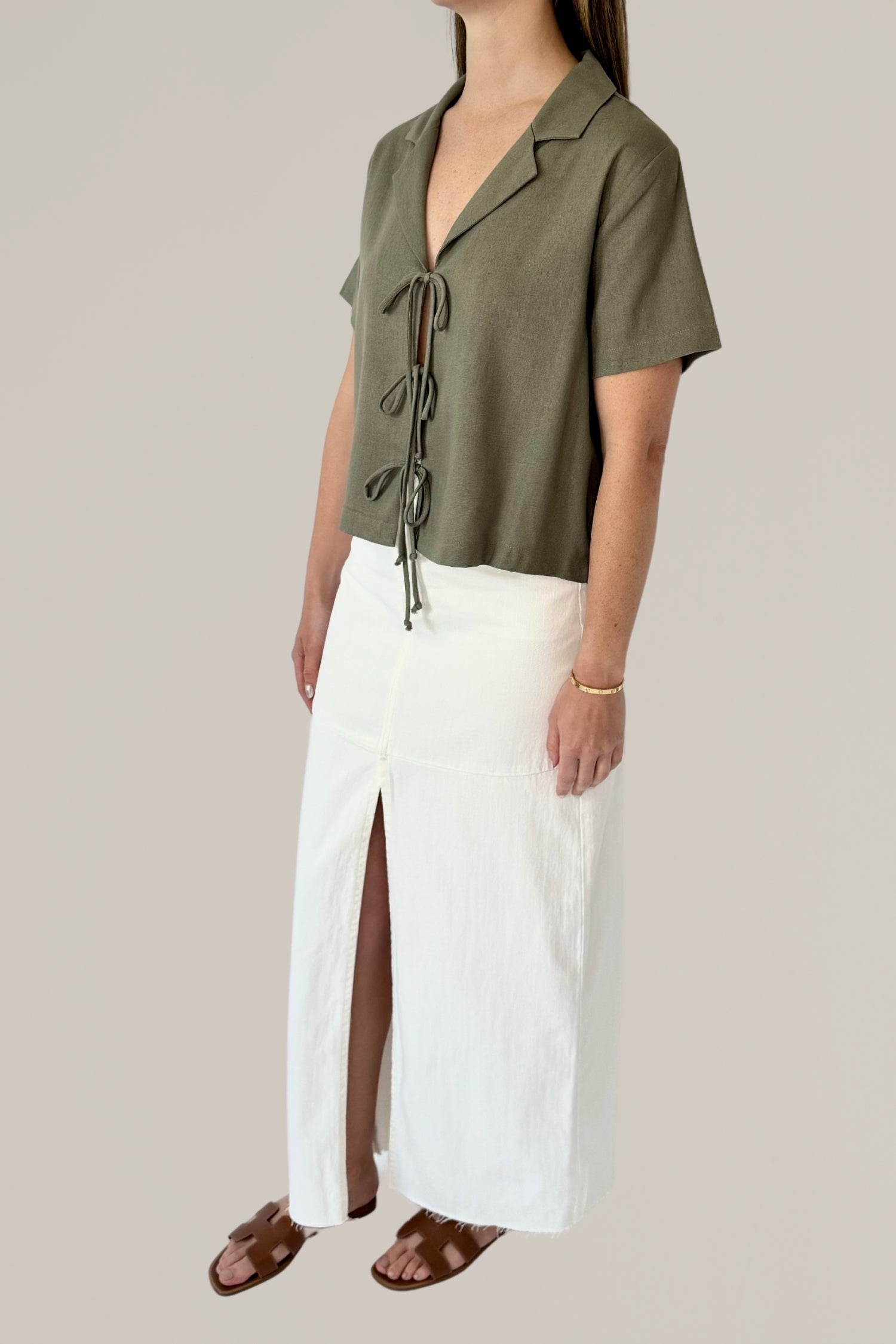 linen short sleeve tie front collared blouse