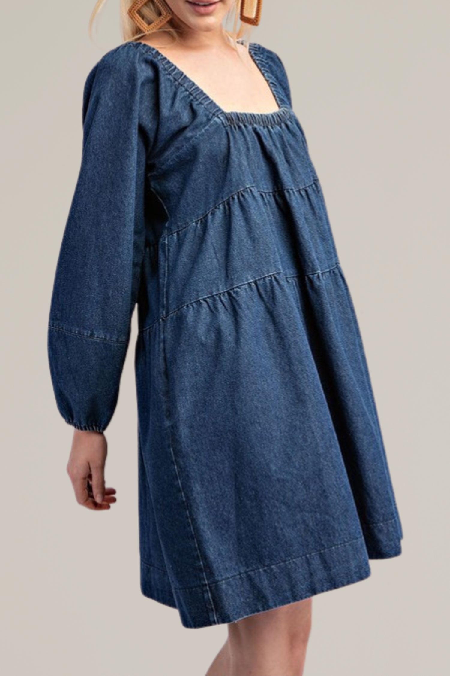 tiered denim long sleeve dress
