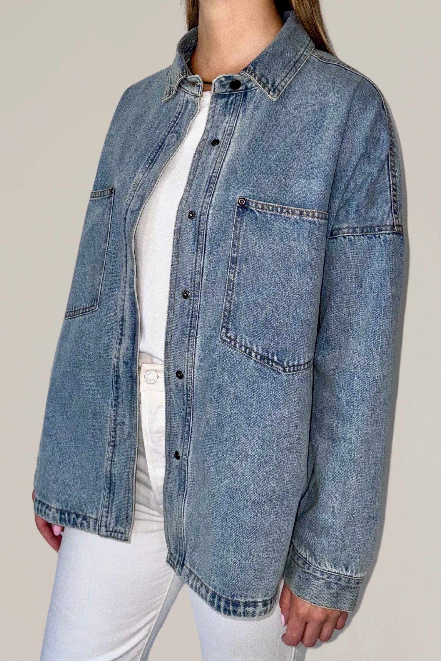 denim shacket with front pockets