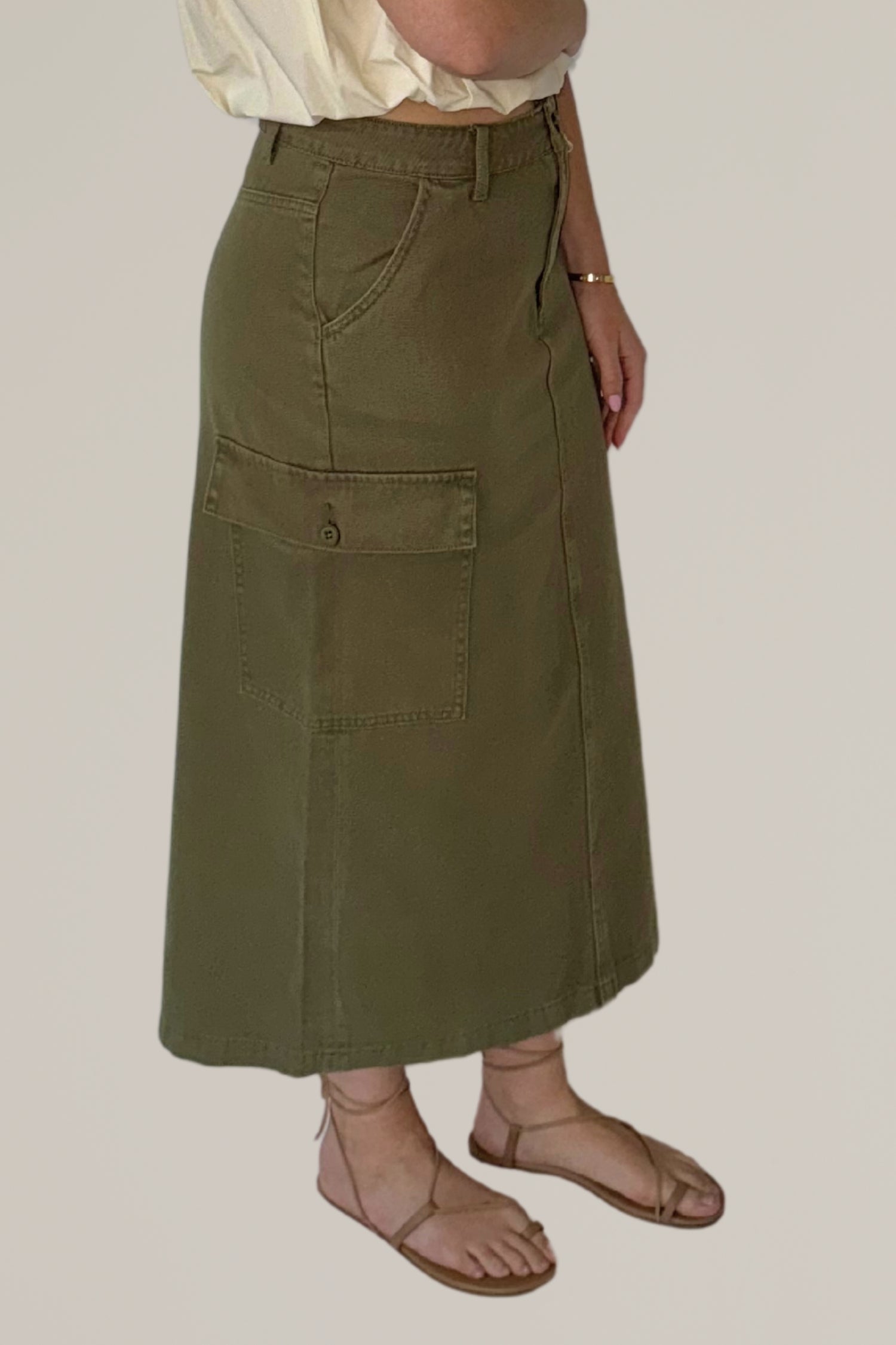 olive cargo midi skirt