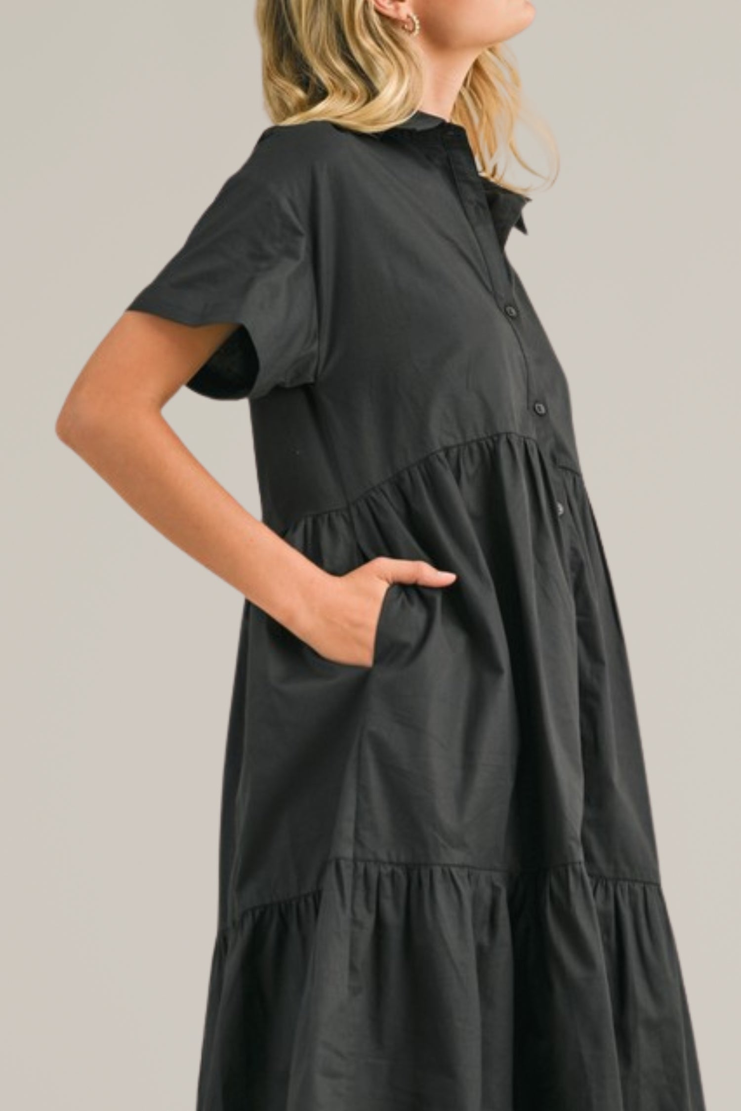 short sleeve button down tiered midi dress