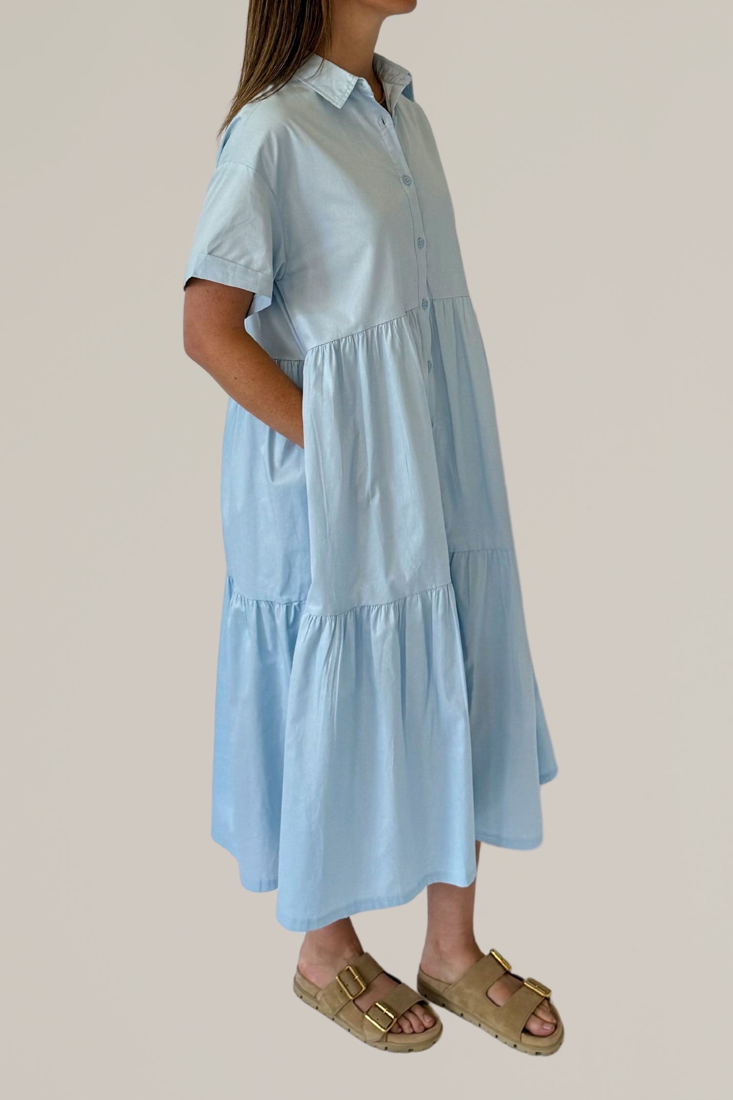 short sleeve button down tiered midi dress