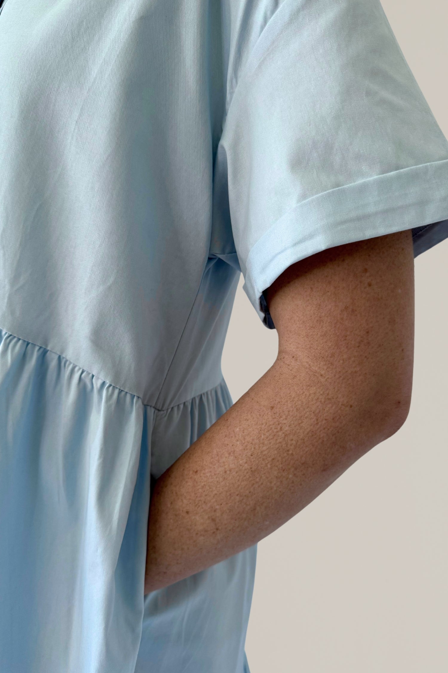 short sleeve button down tiered midi dress