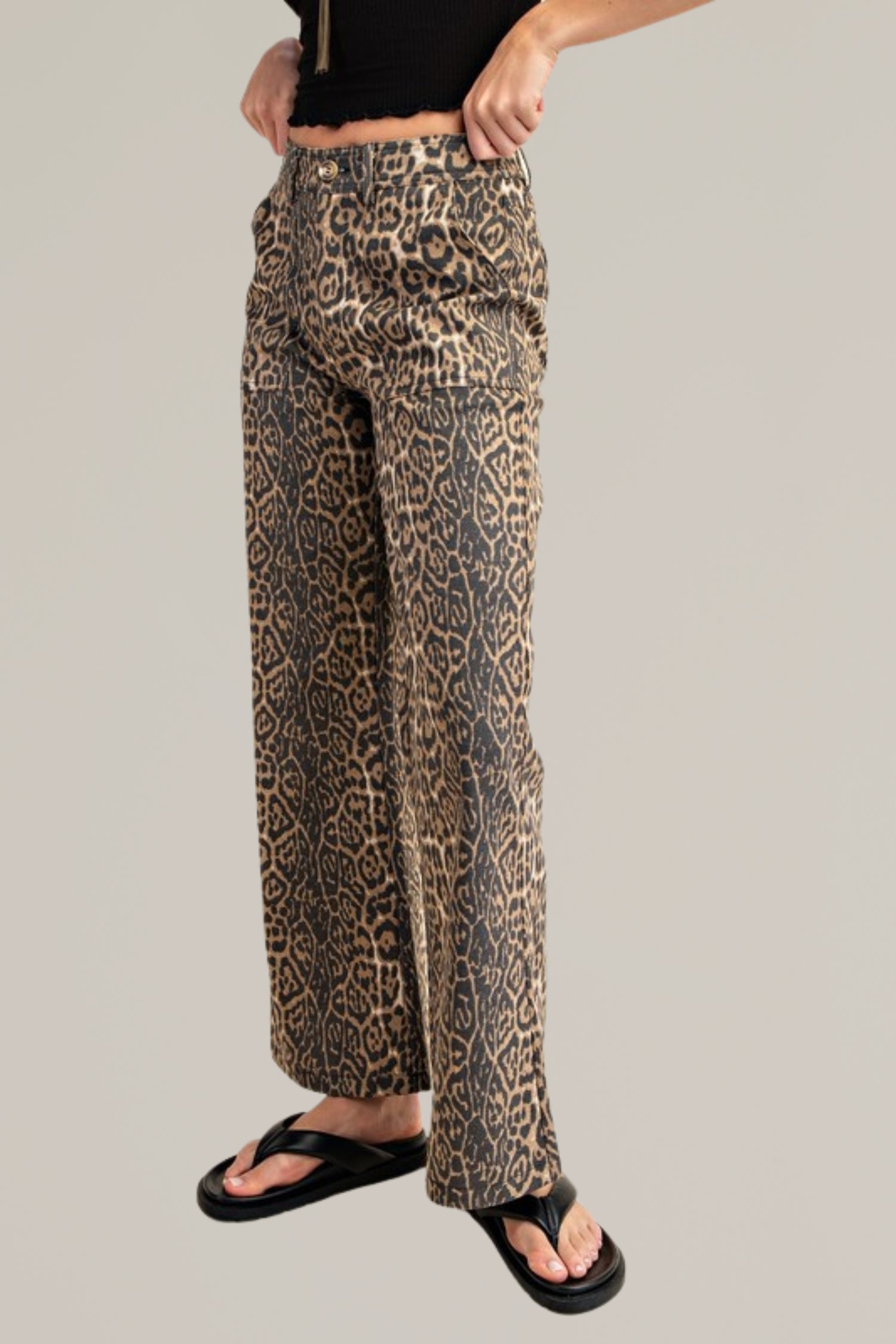 leopard print flared denim with front pockets