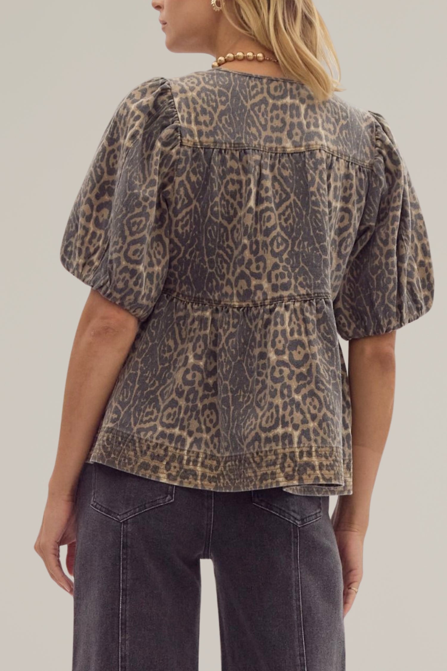 leopard denim puff sleeve top