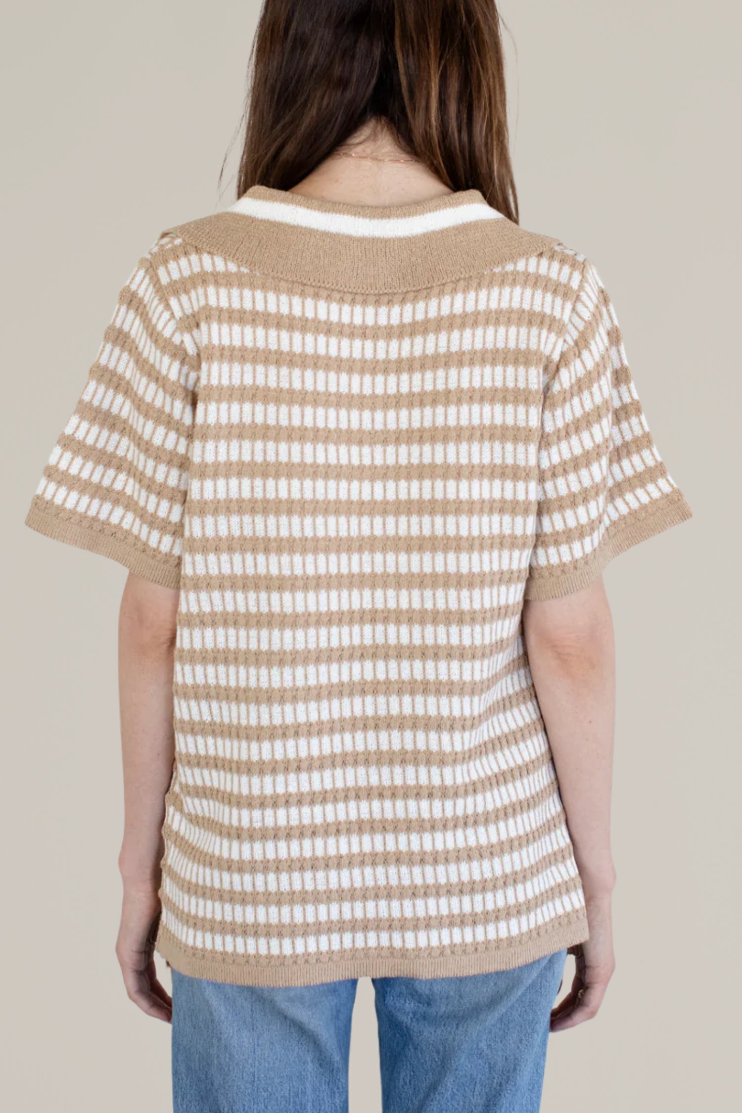 striped short sleeve collar knit top