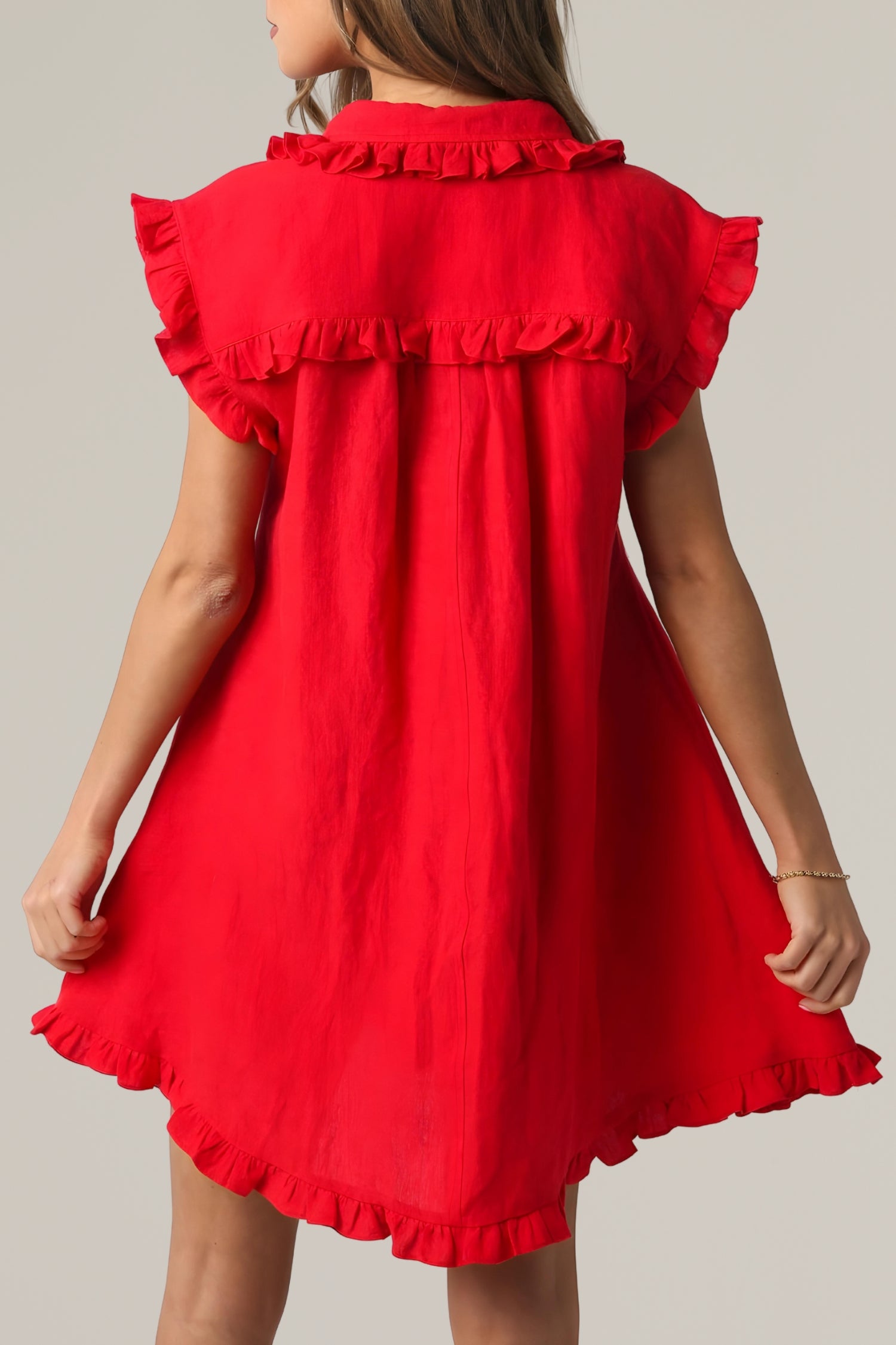 linen ruffle button down dress