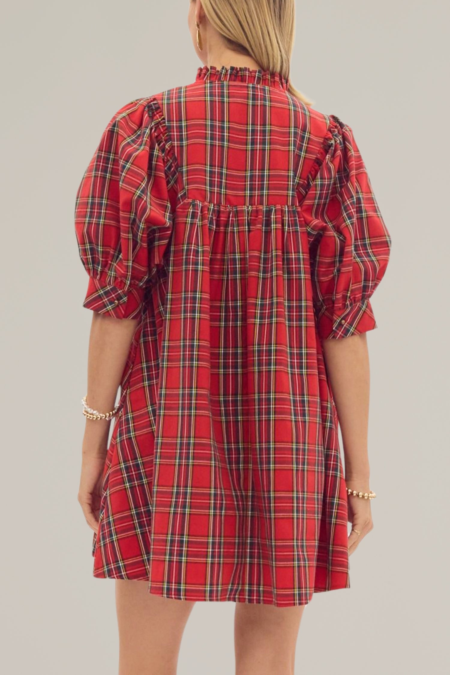 plaid puff sleeve holiday dress