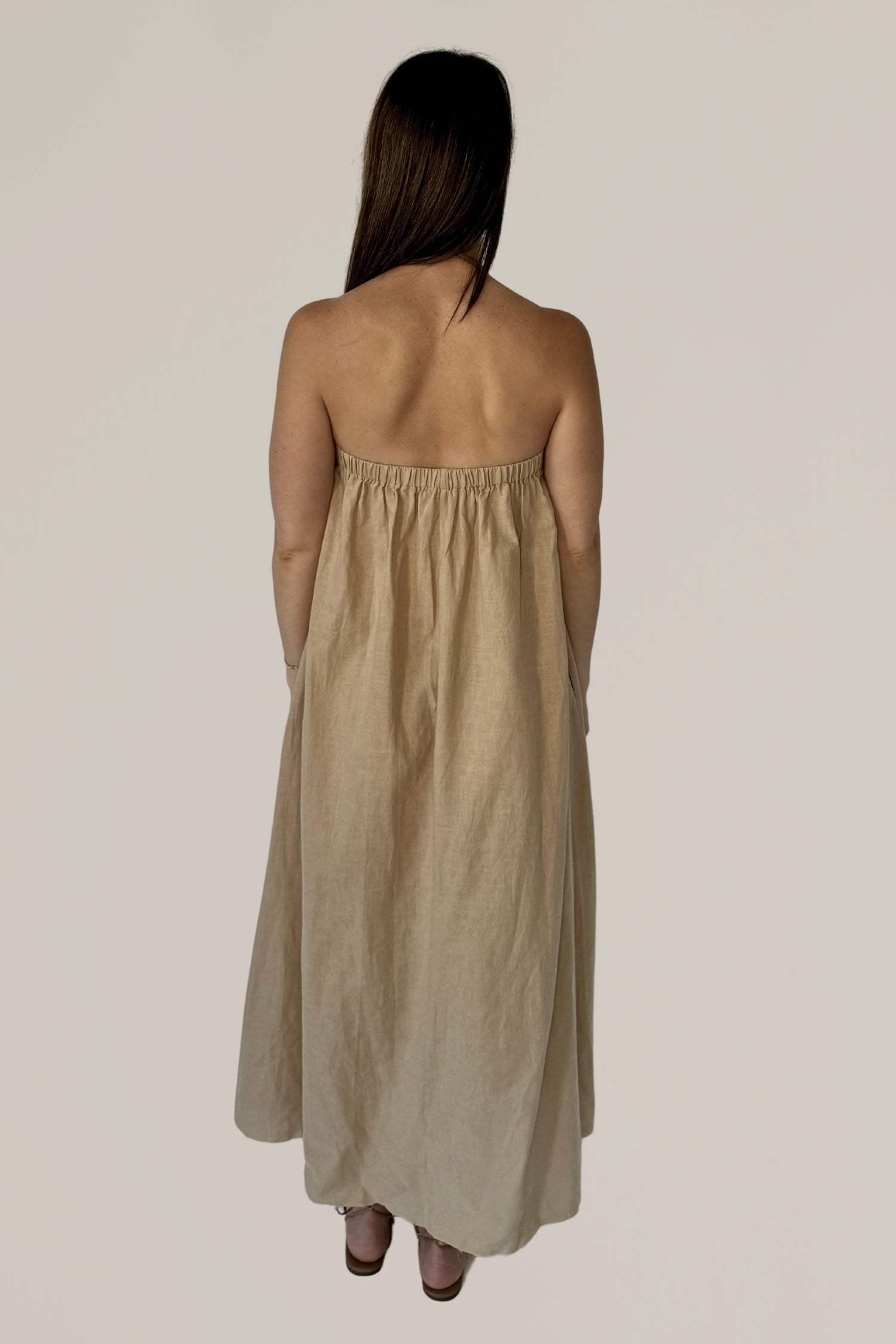 linen blend strapless column dress