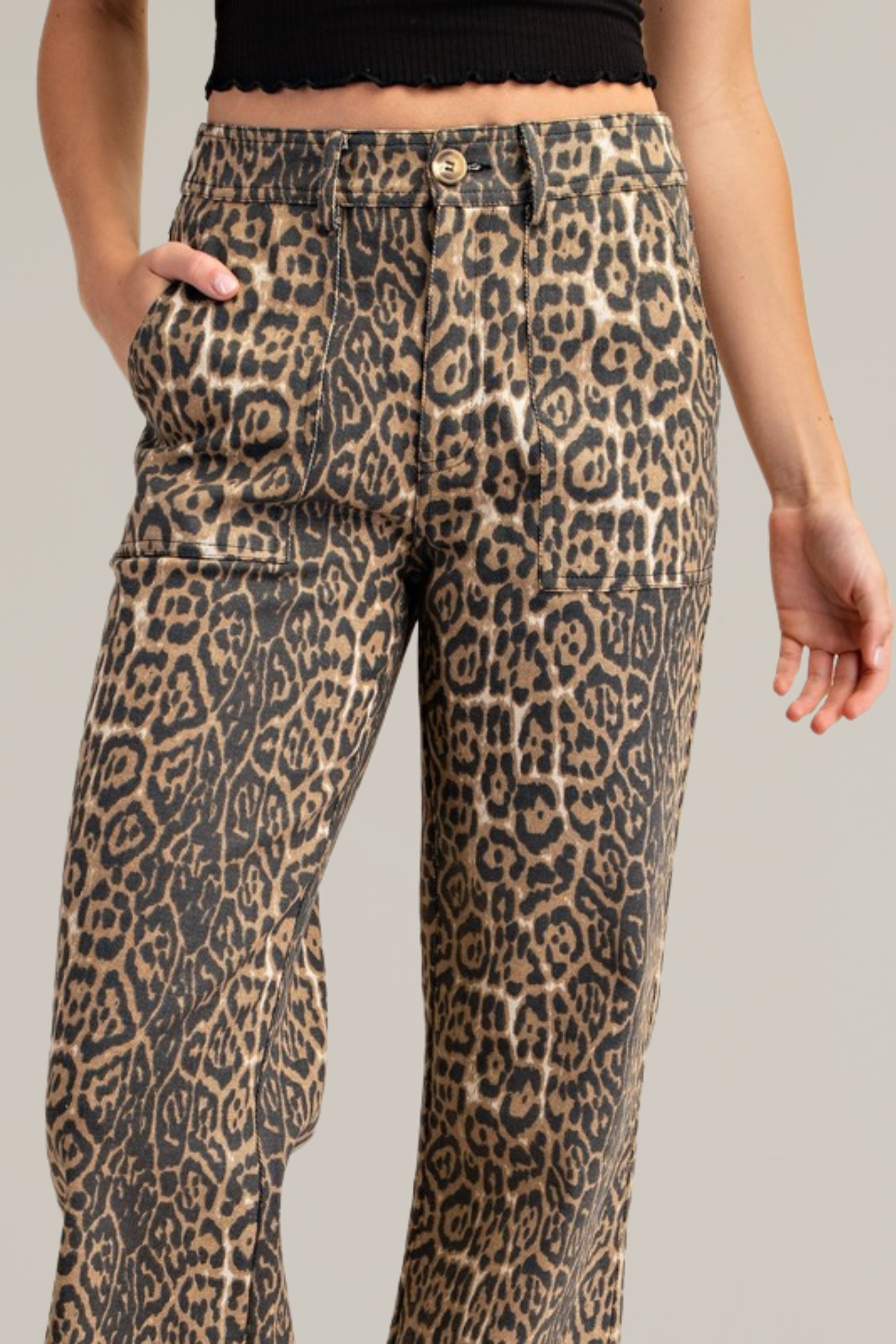 leopard print flared denim with front pockets