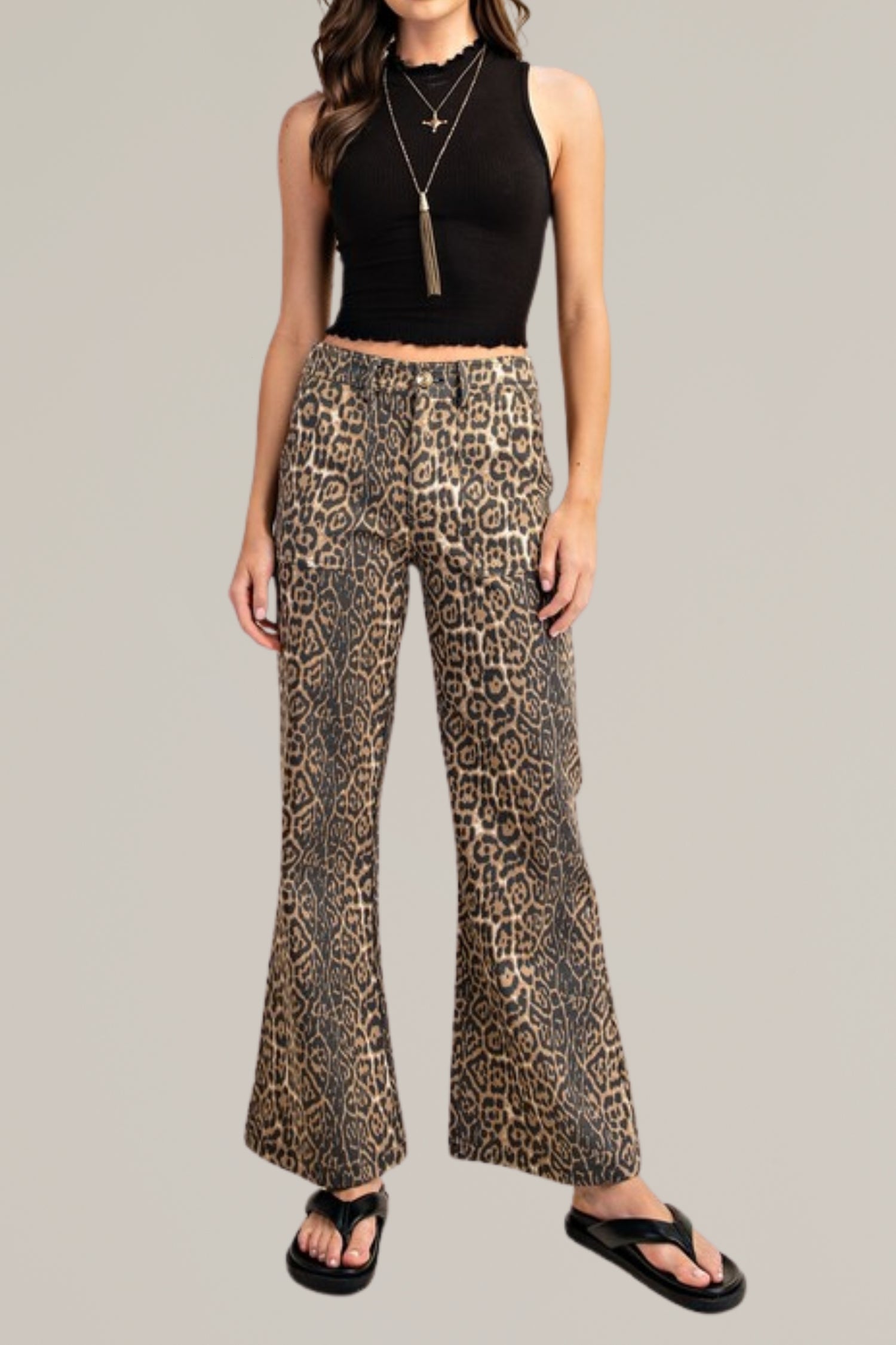 leopard print flared denim with front pockets