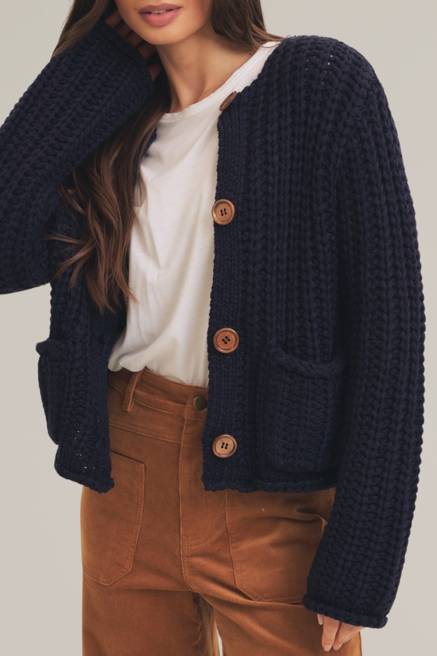 navy chunky knit button down sweater