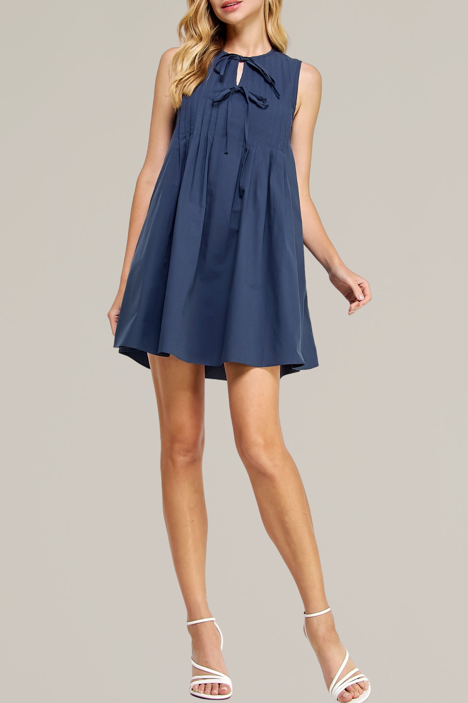 pintuck tie front poplin mini dress