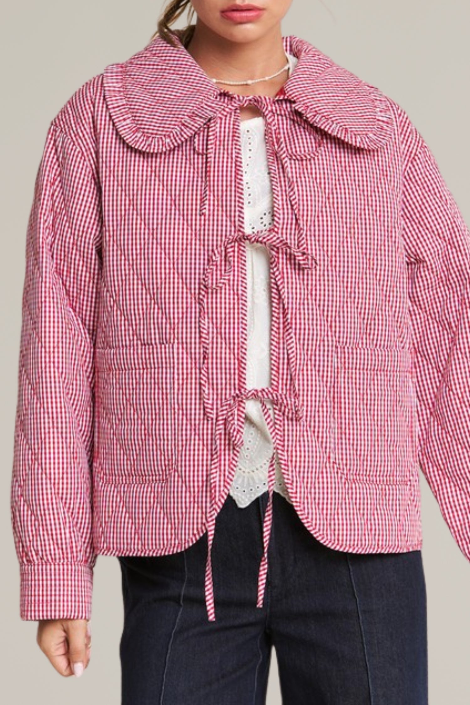 red gingham tie front quilted jacket