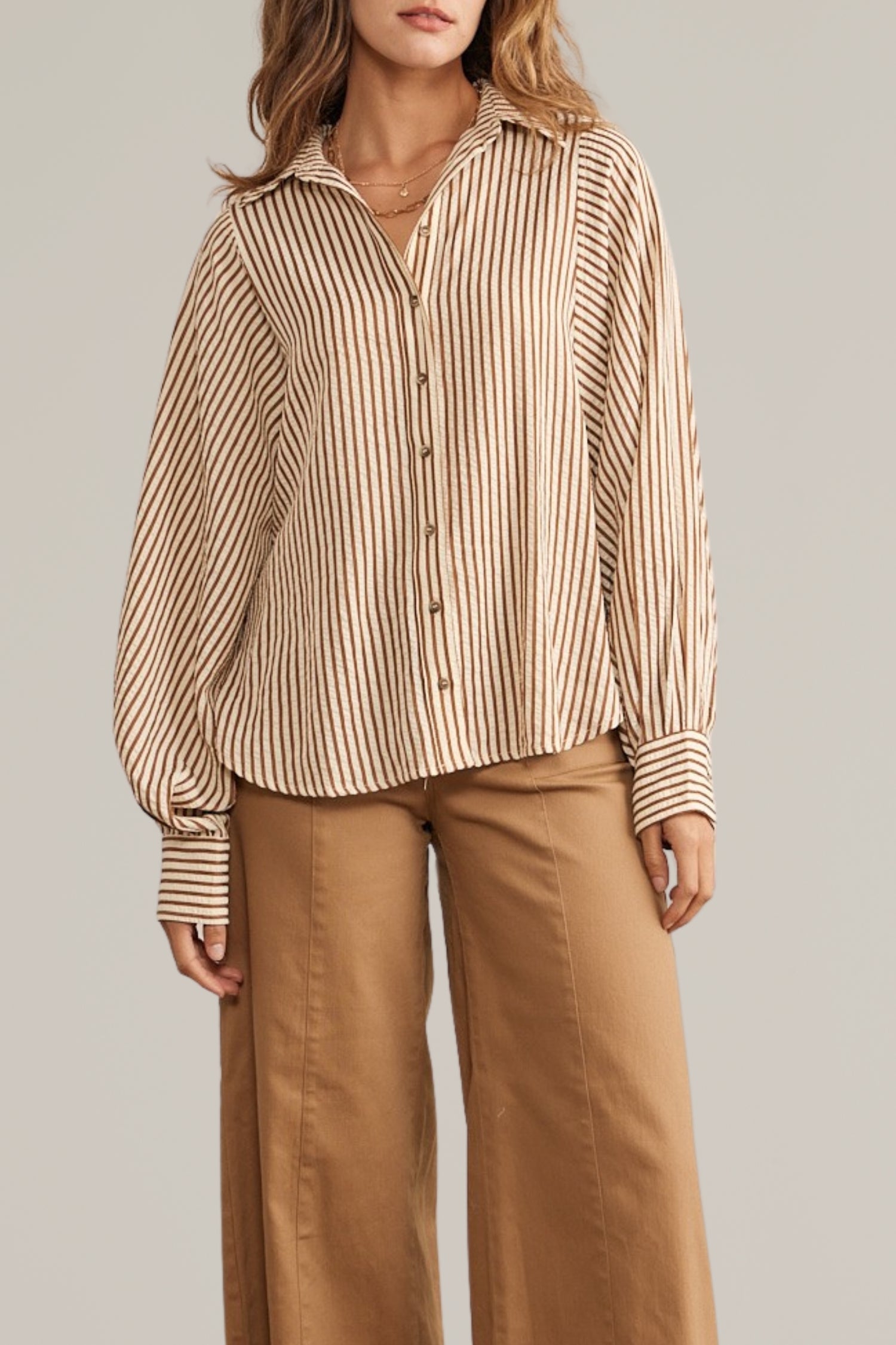 voluminous sleeved striped button down shirt