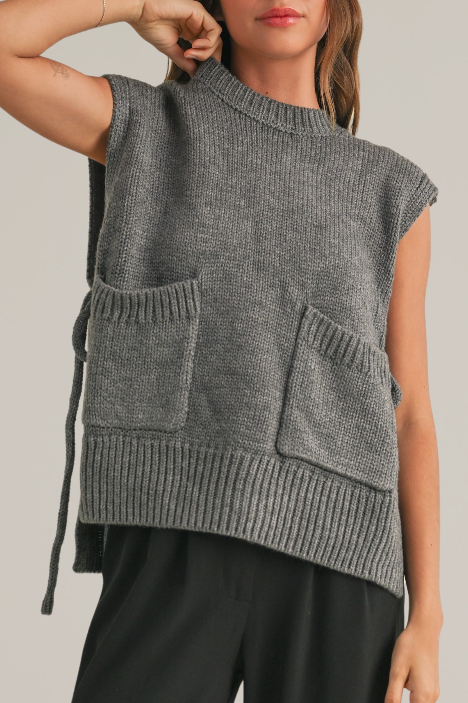 side tie sweater vest with pockets