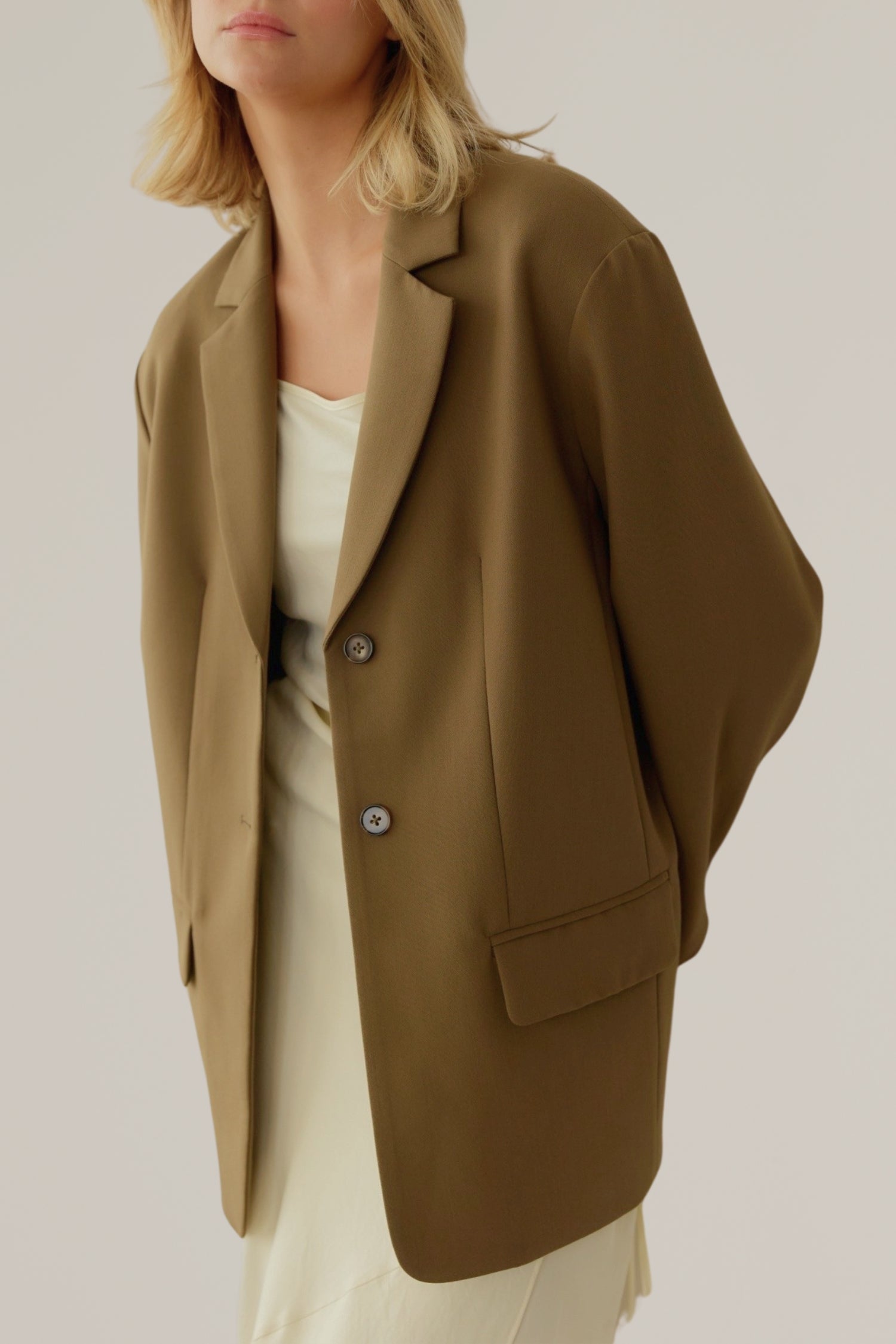 classic two button front blazer with contrasting sleeve