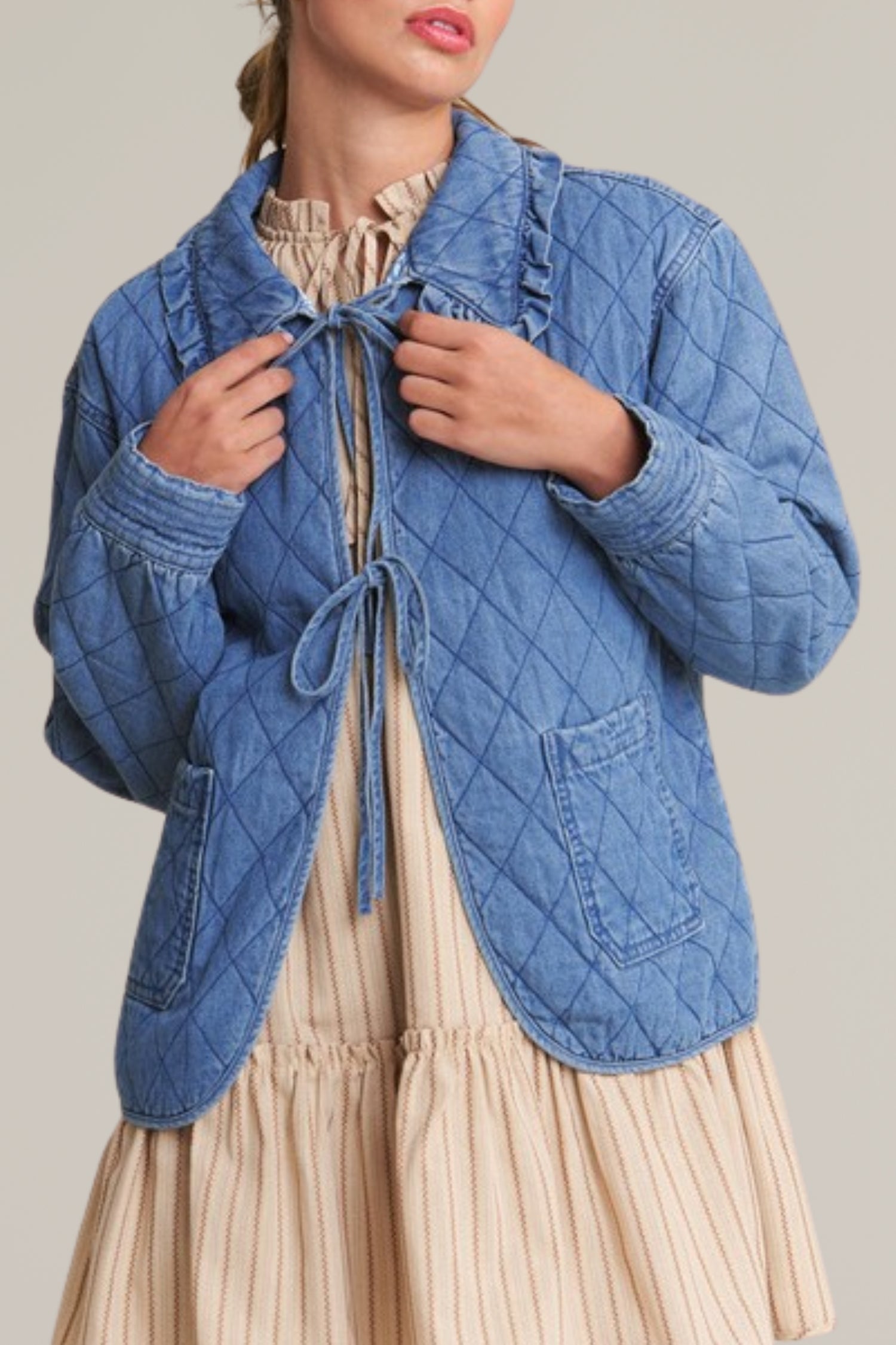 denim tie front quilted jacket