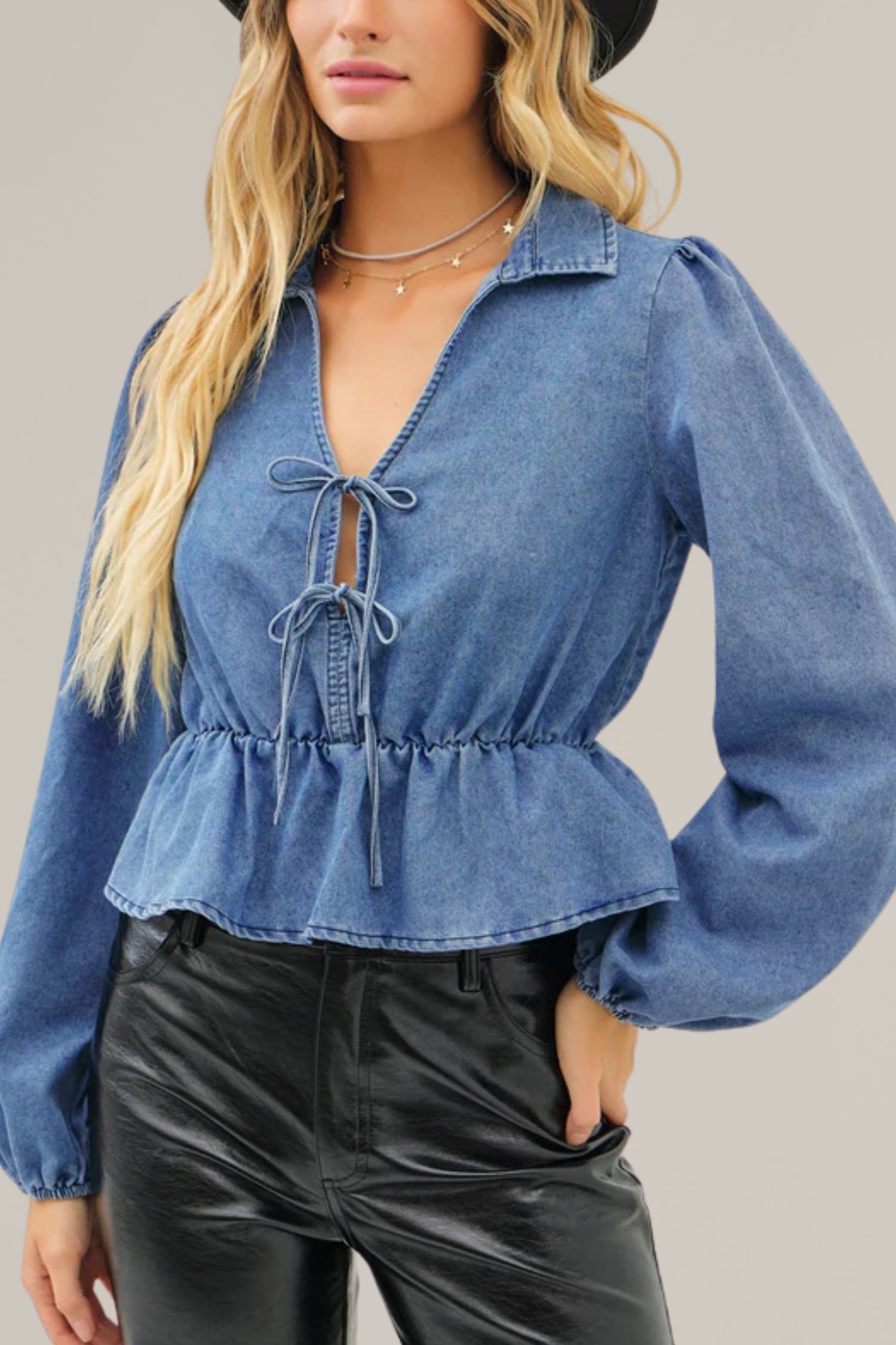 washed cotton denim double tie front long sleeve top