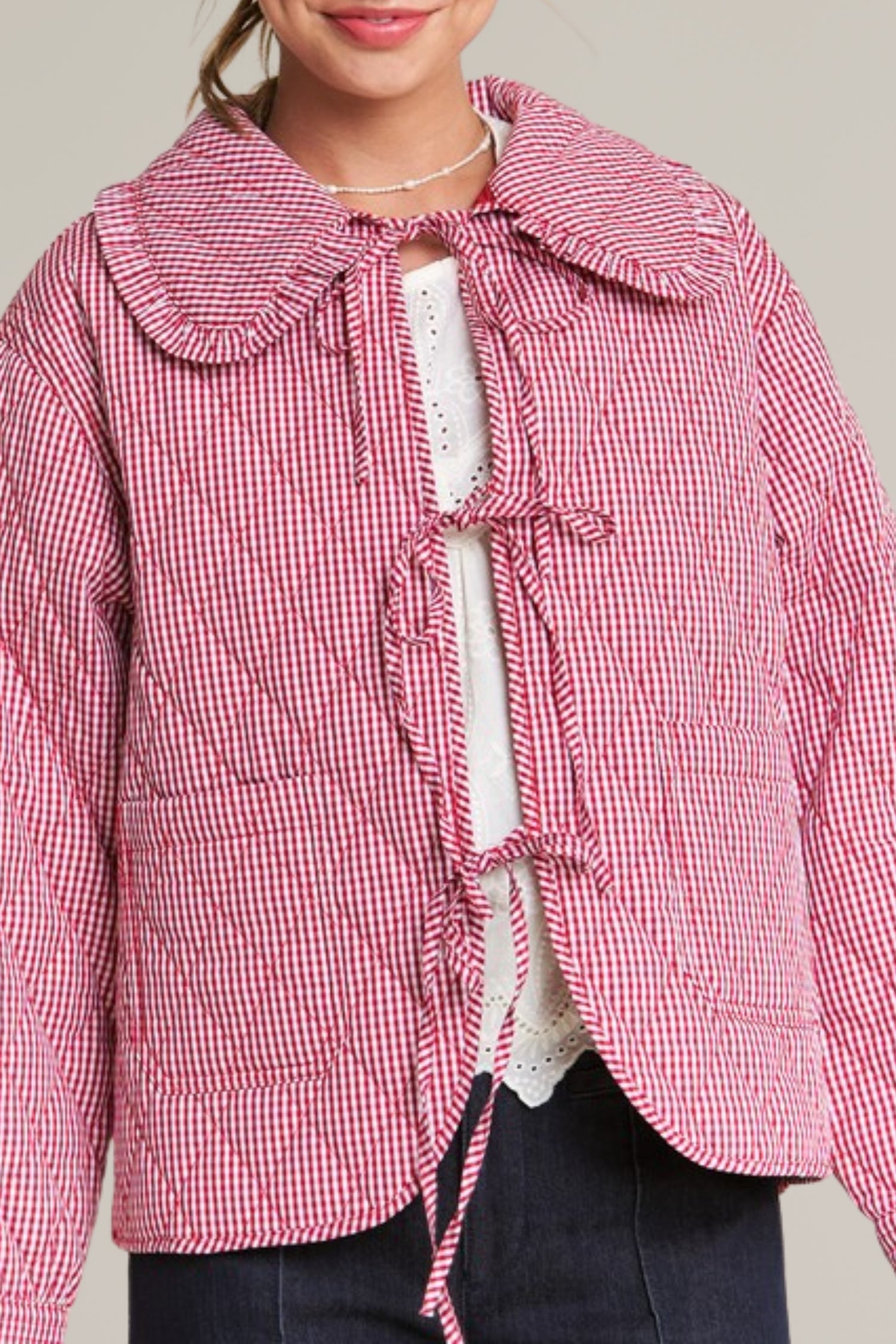 red gingham tie front quilted jacket