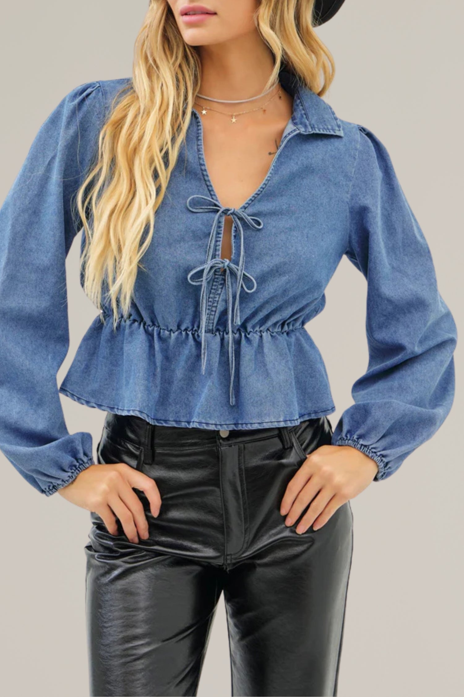 washed cotton denim double tie front long sleeve top