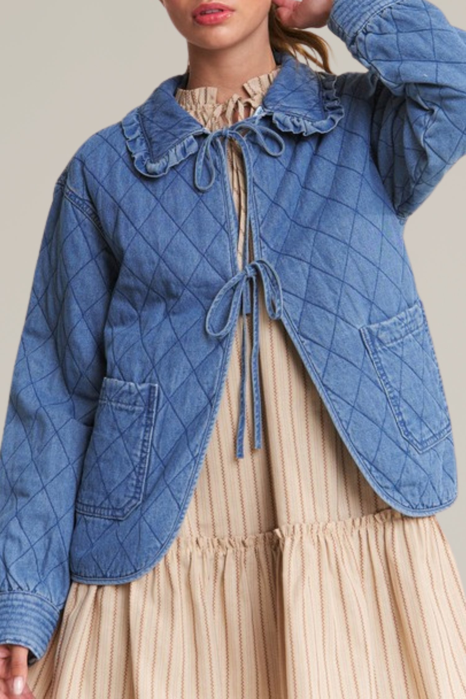 denim tie front quilted jacket