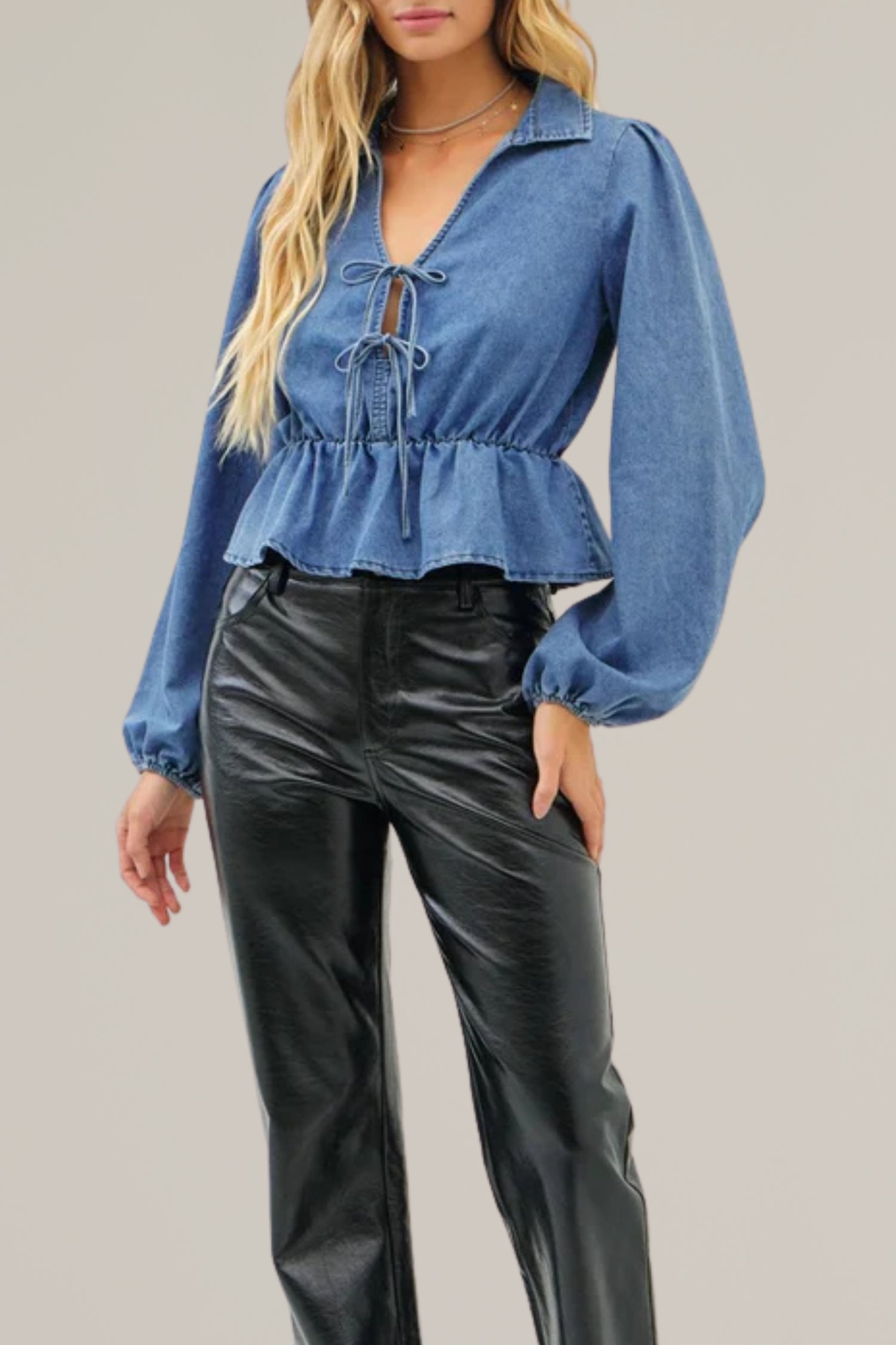 washed cotton denim double tie front long sleeve top