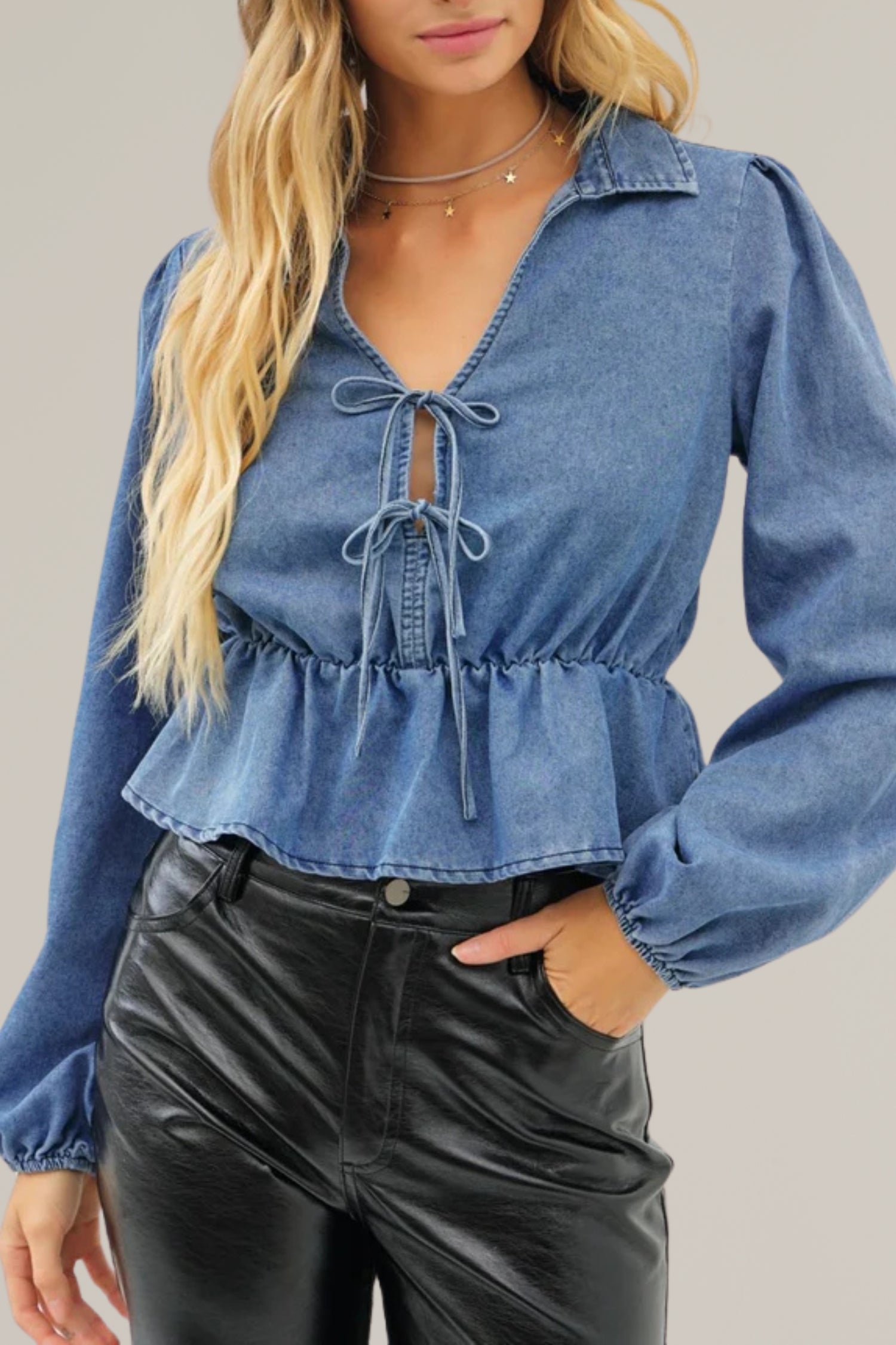 washed cotton denim double tie front long sleeve top