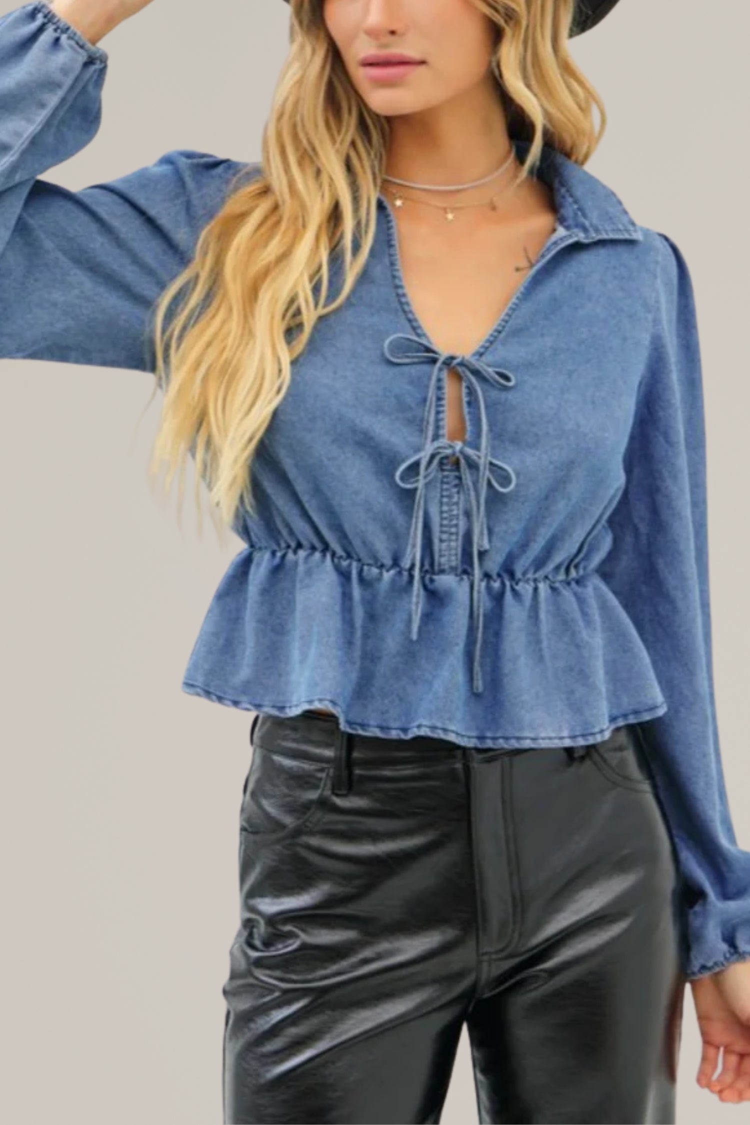 washed cotton denim double tie front long sleeve top