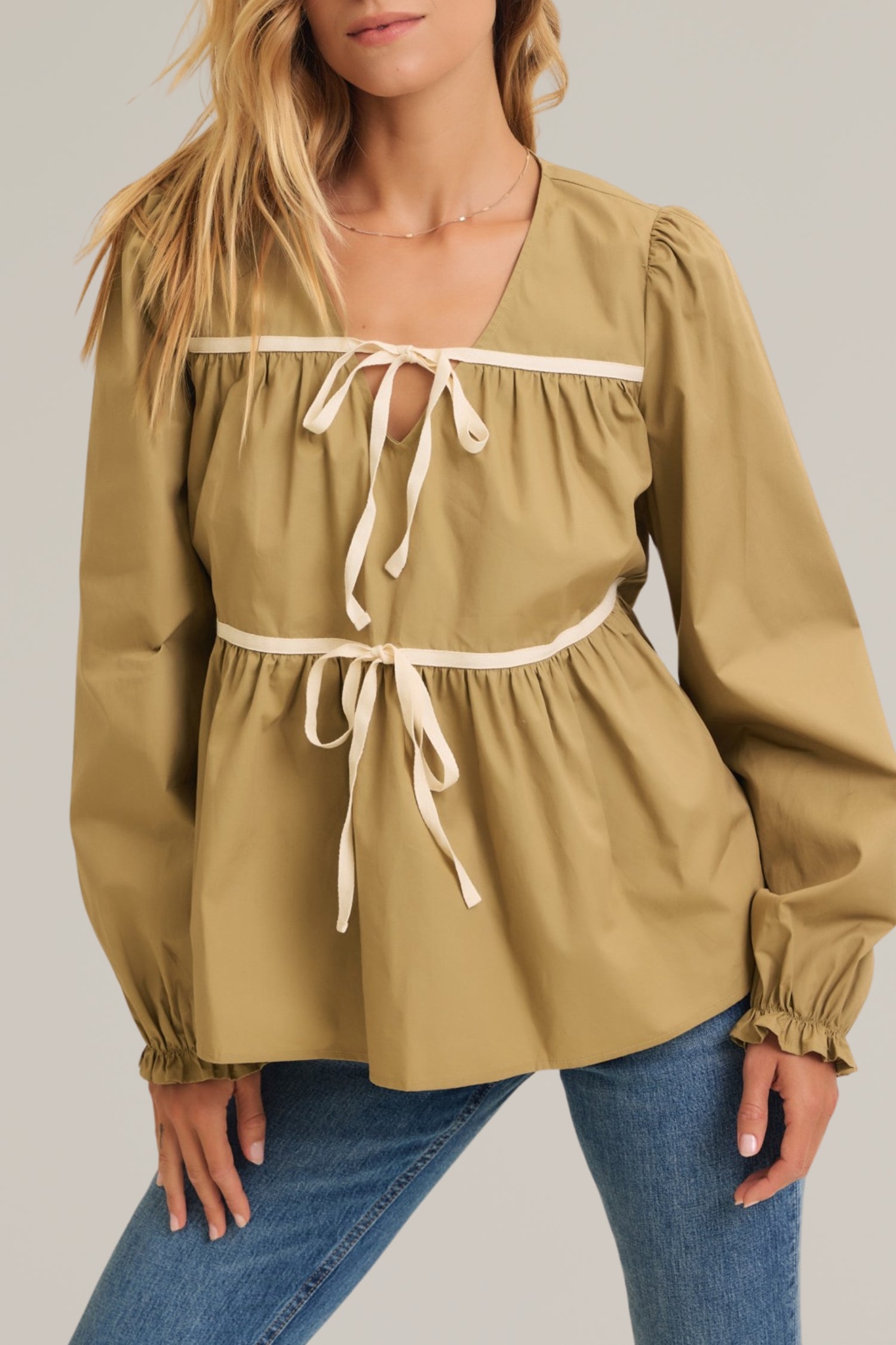 olive tie front top with balloon sleeves