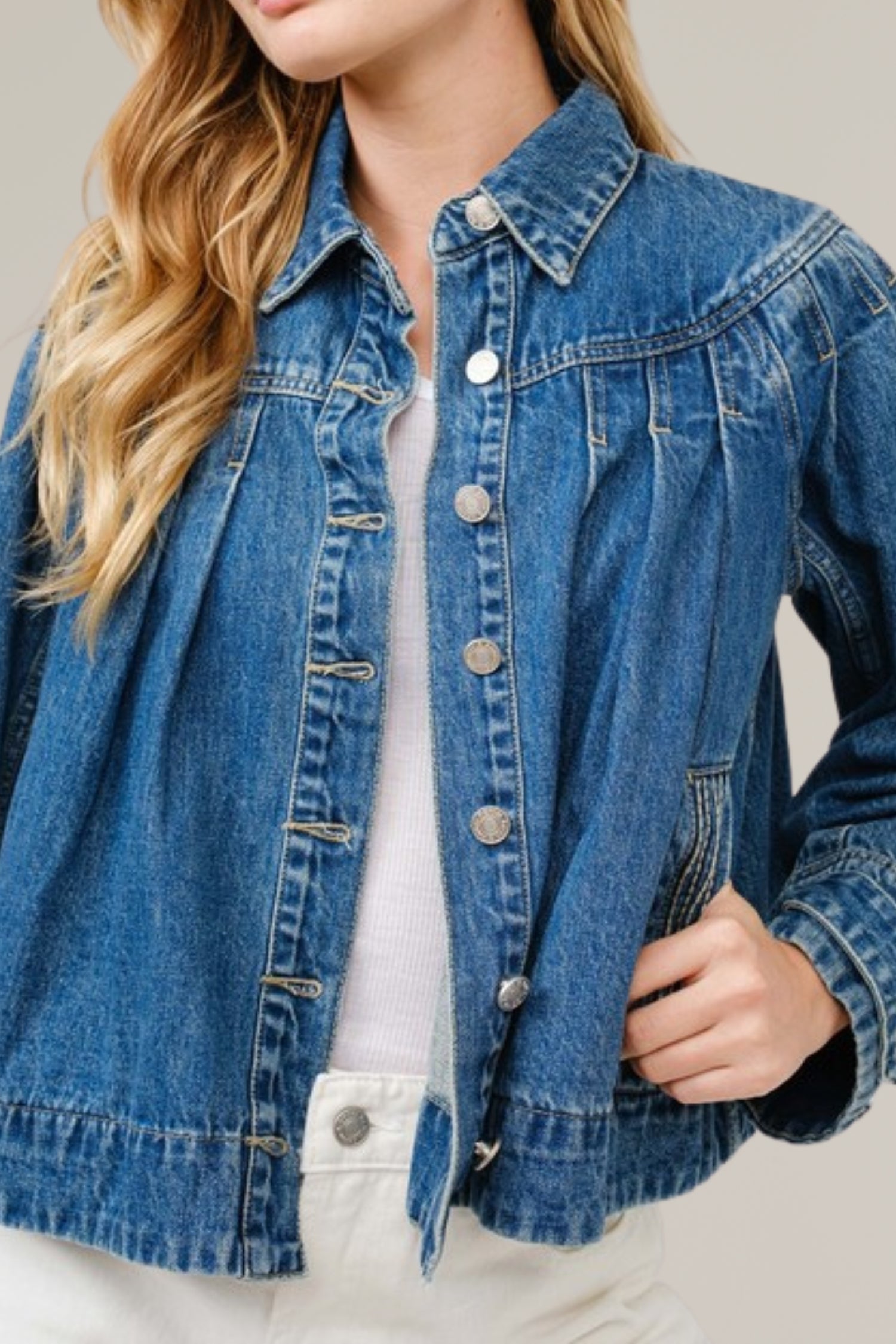 pleated denim jacket with stitch detail