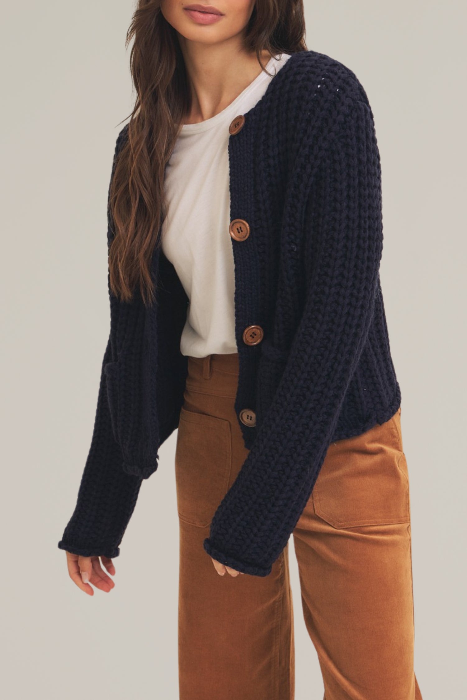 navy chunky knit button down sweater