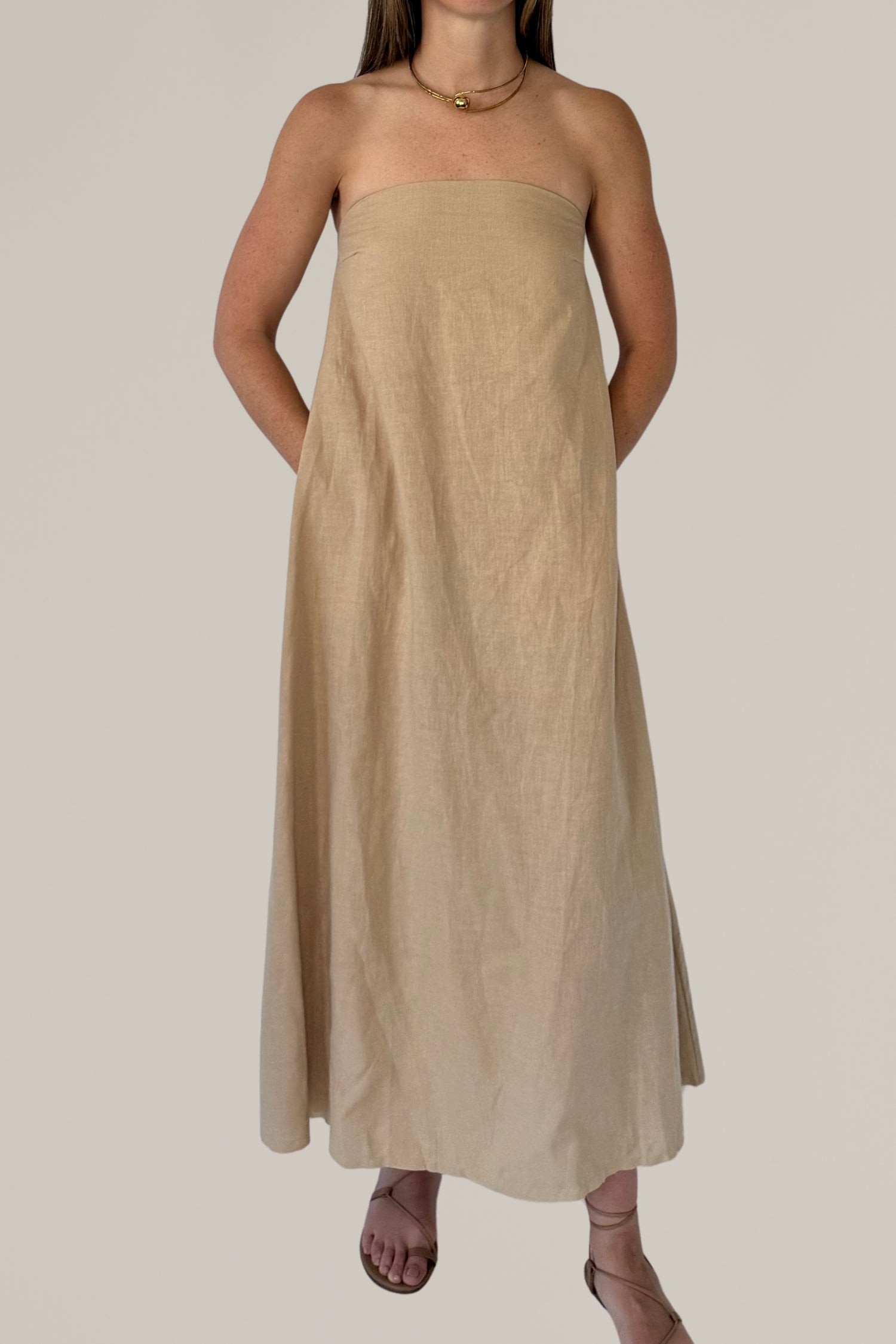 linen blend strapless column dress