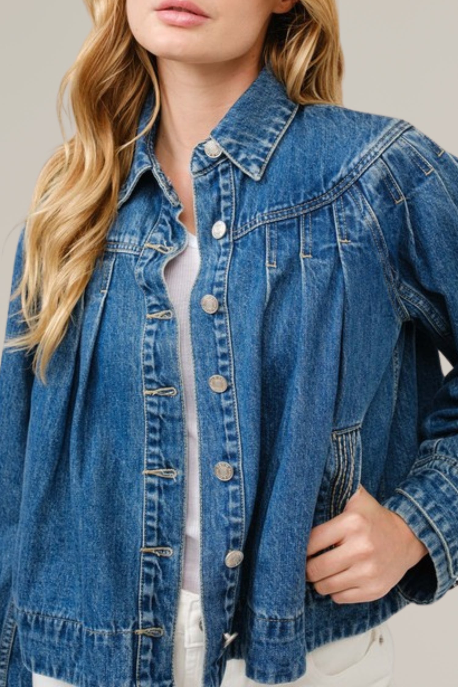 pleated denim jacket with stitch detail