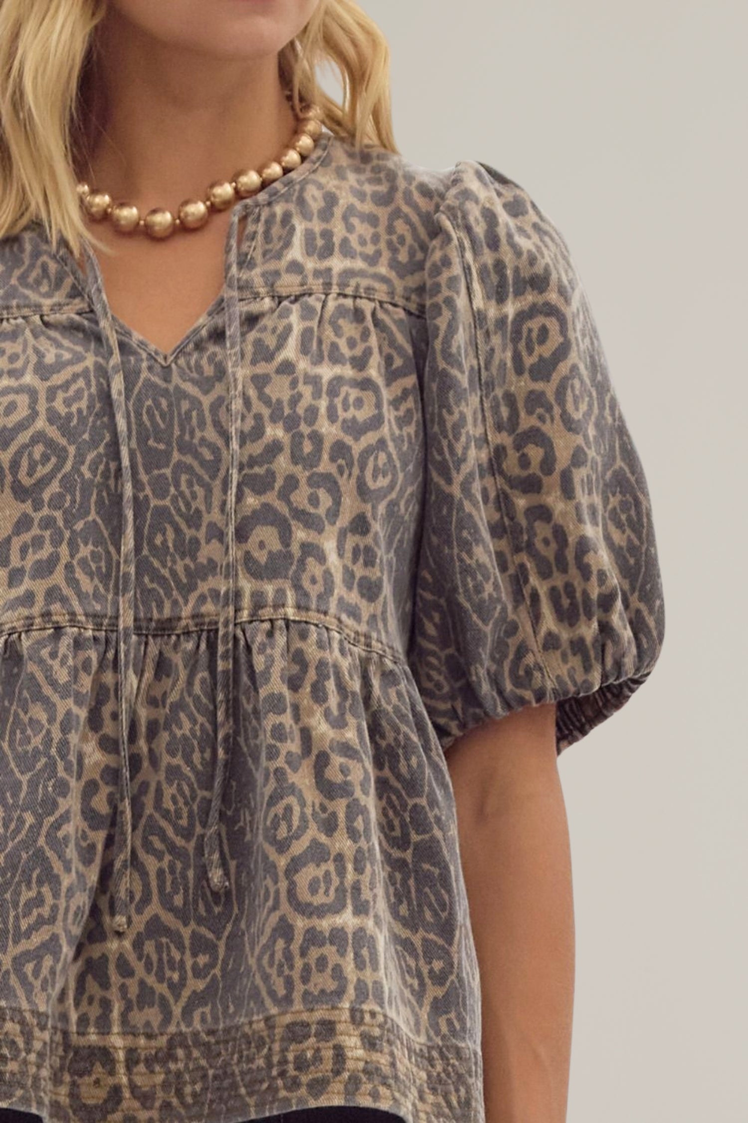 leopard denim puff sleeve top