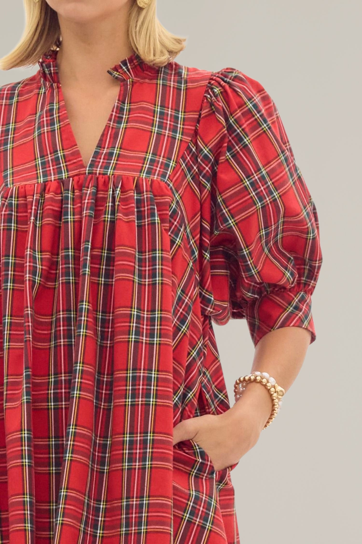 plaid puff sleeve holiday dress