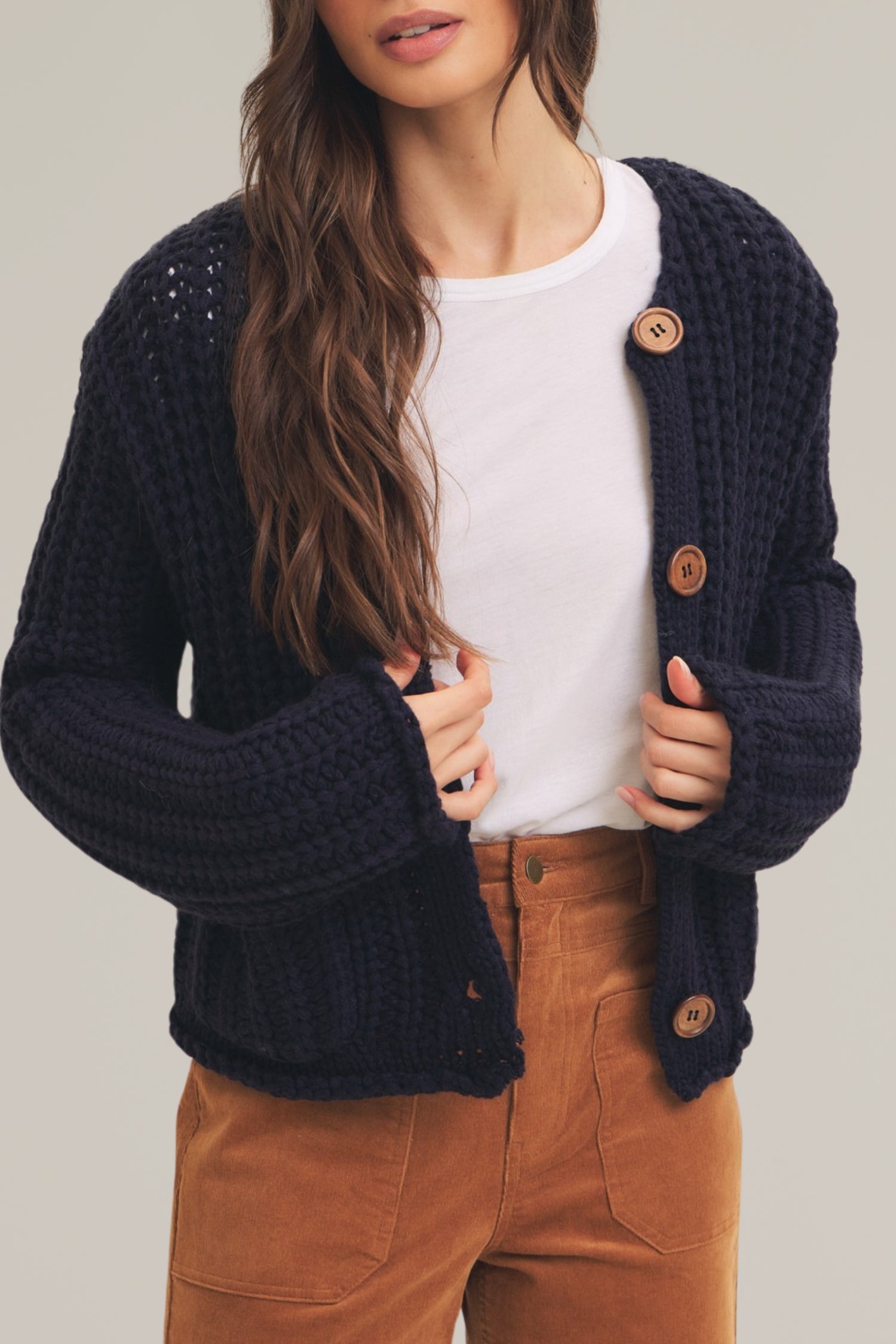 navy chunky knit button down sweater