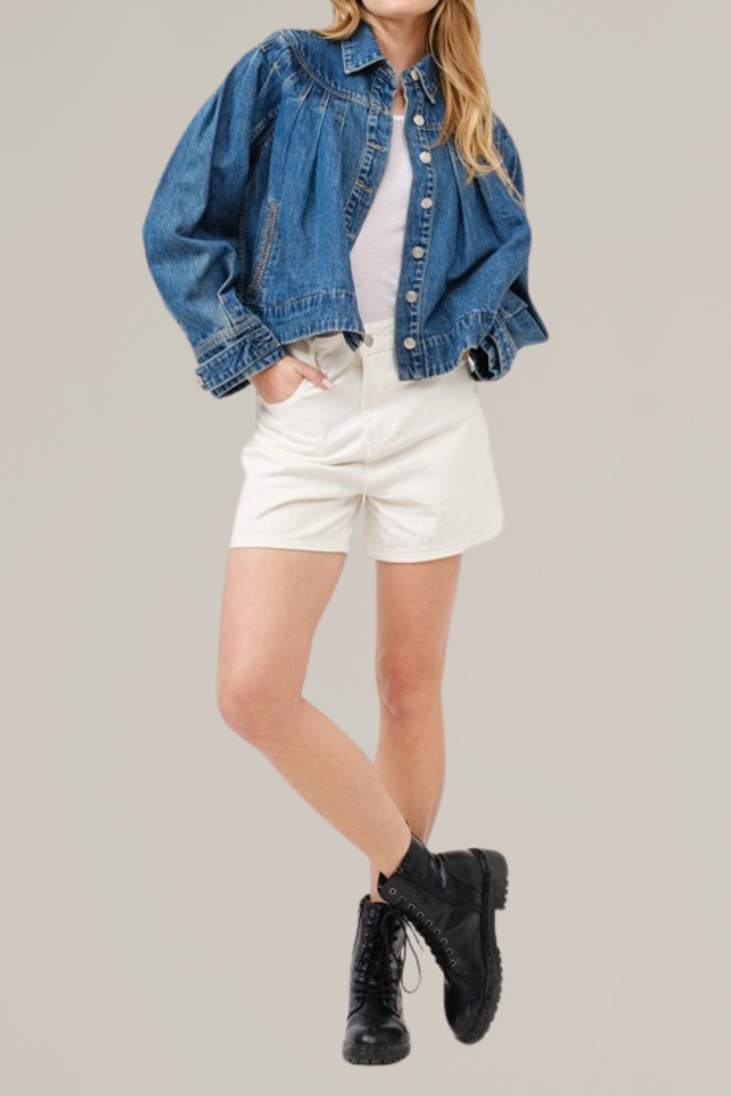 pleated denim jacket with stitch detail