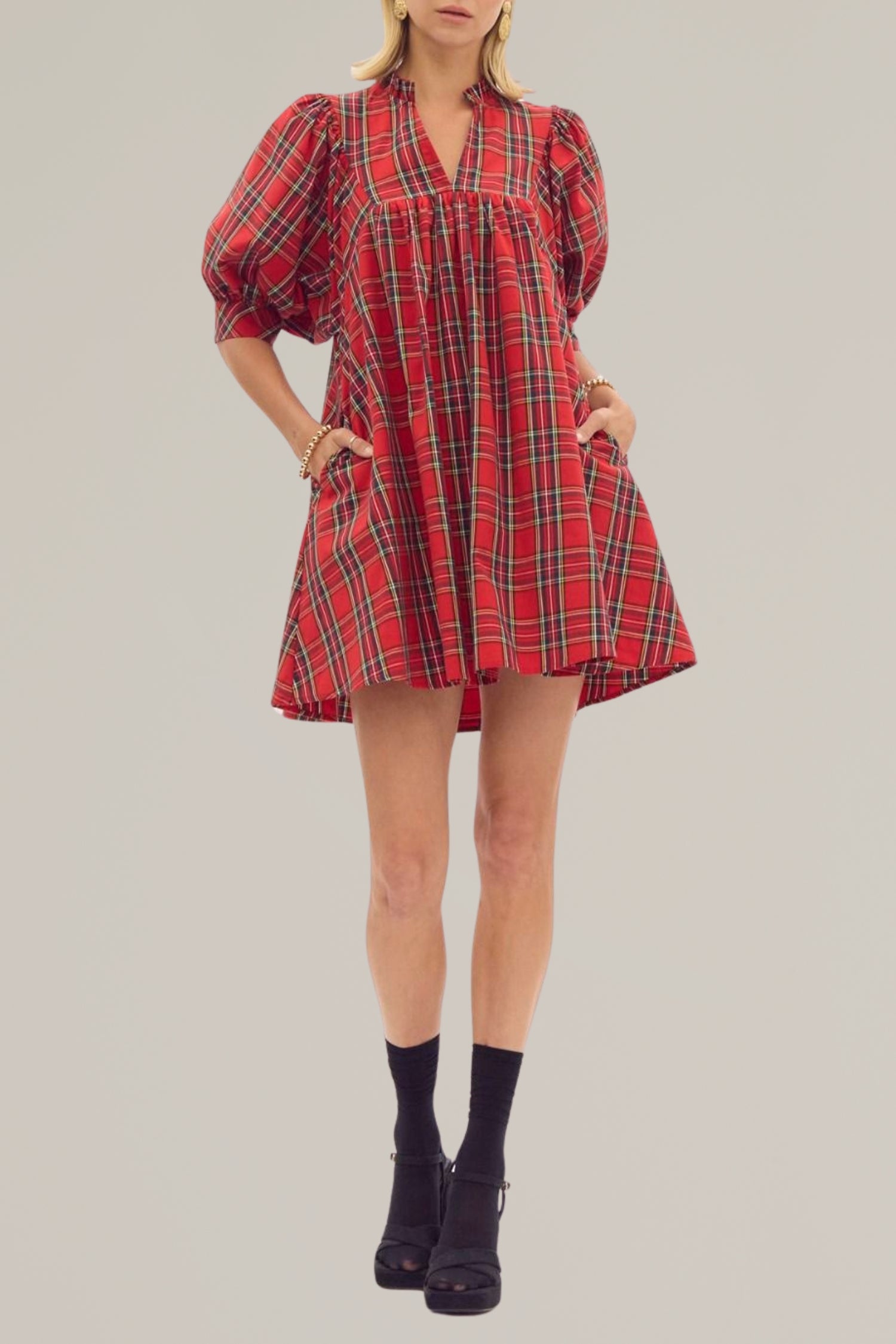 plaid puff sleeve holiday dress