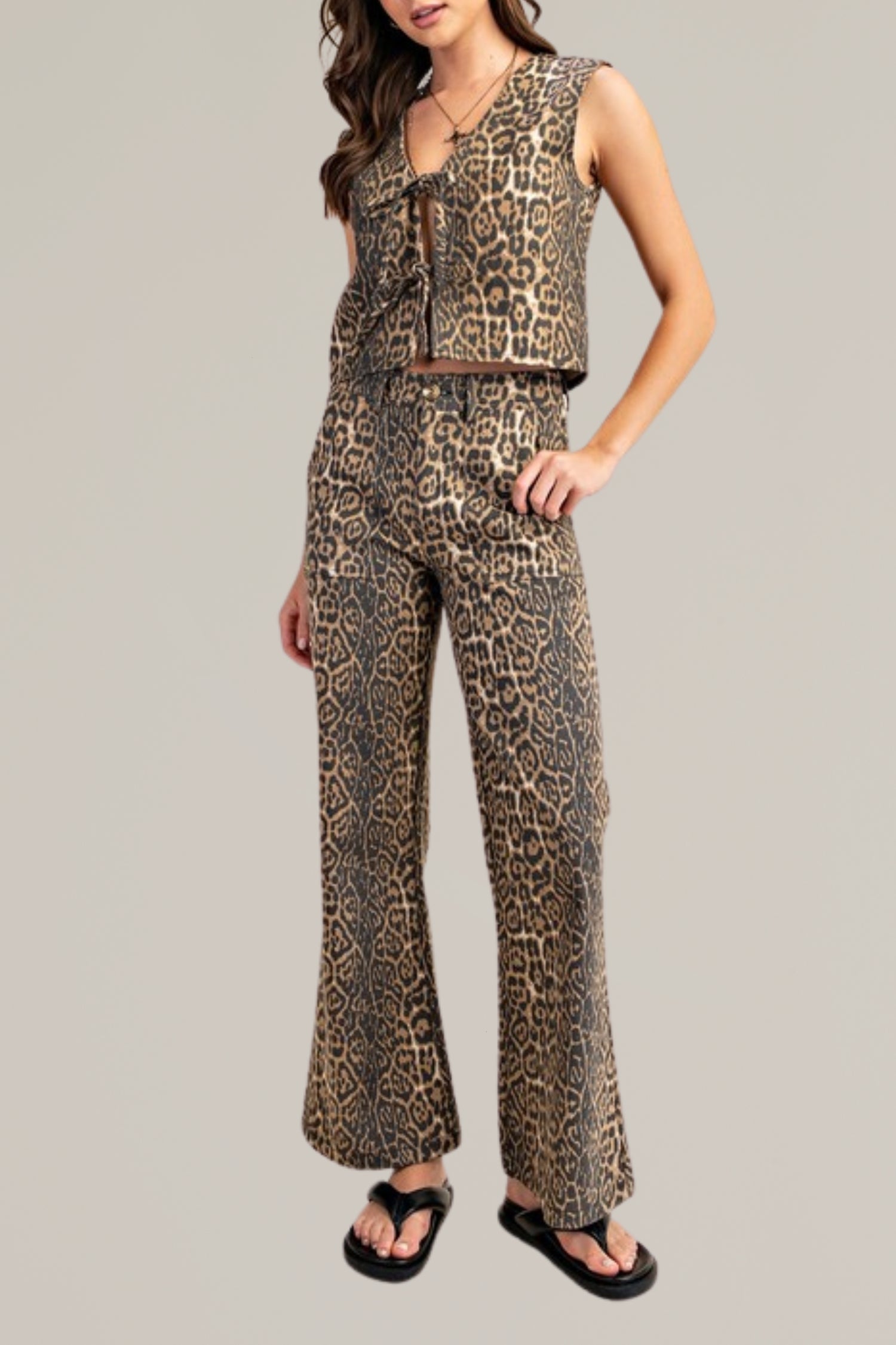 leopard print flared denim with front pockets