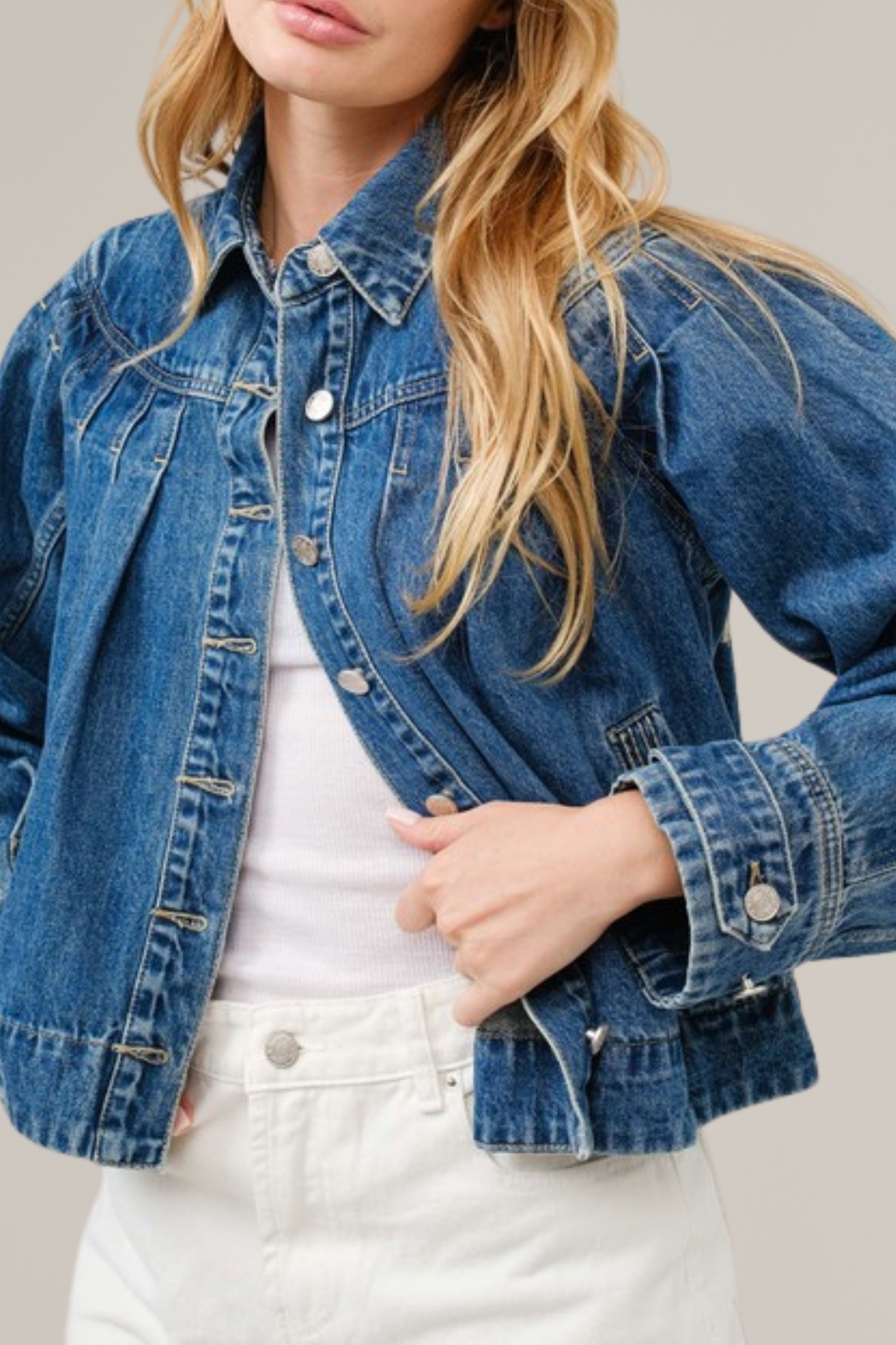 pleated denim jacket with stitch detail