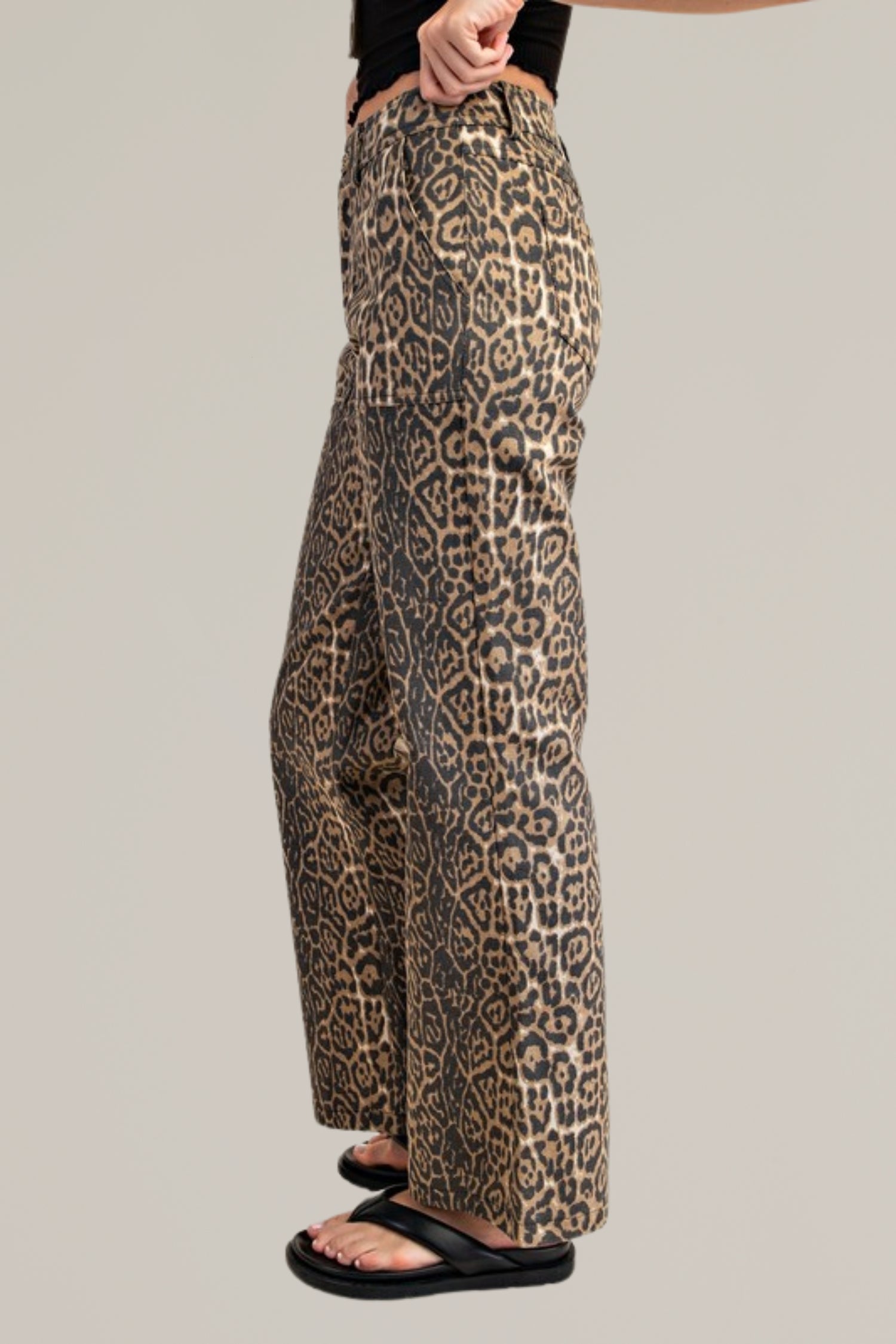 leopard print flared denim with front pockets