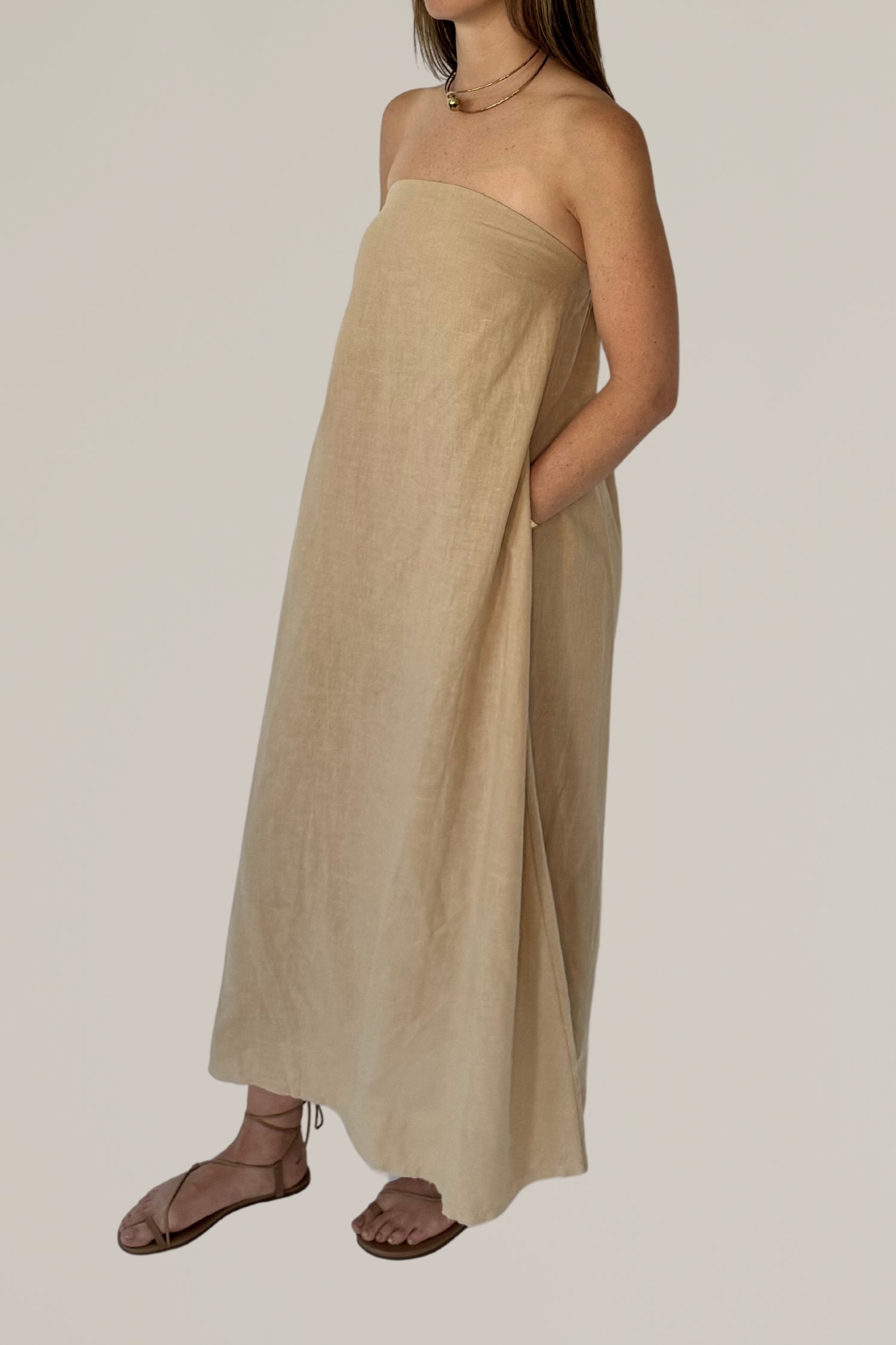 linen blend strapless column dress