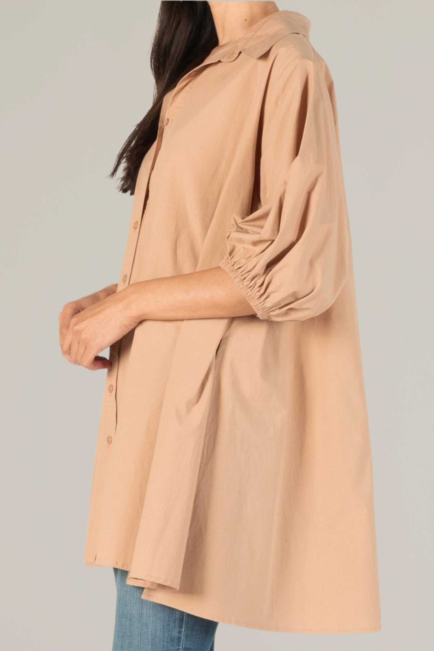 poplin puff sleeve button down tunic