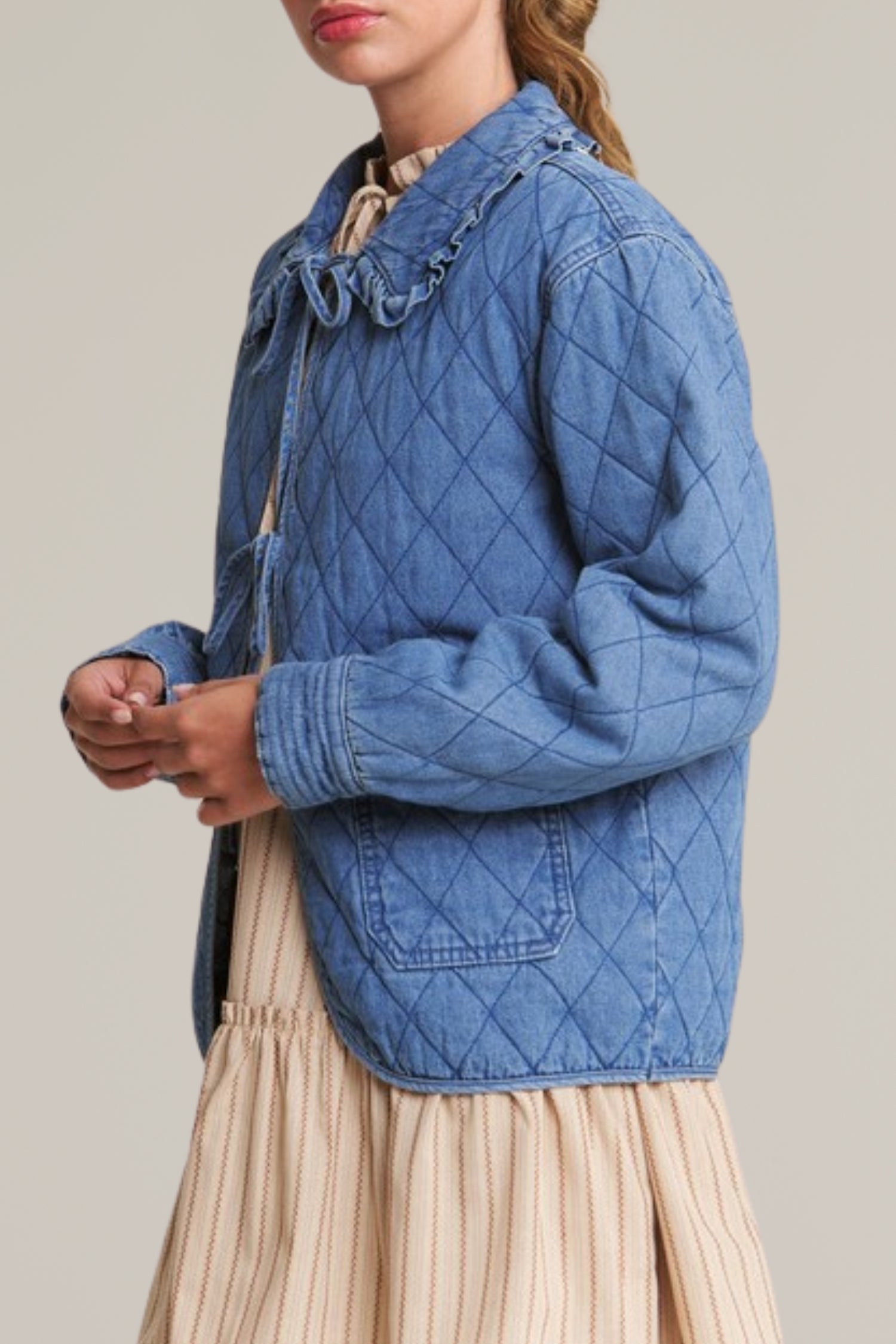 denim tie front quilted jacket