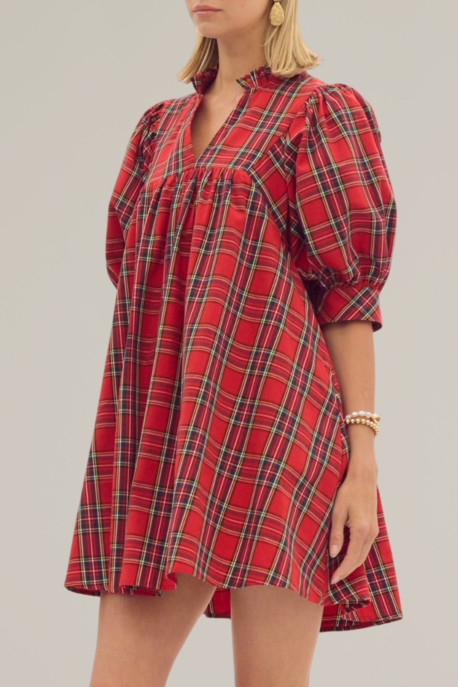 plaid puff sleeve holiday dress