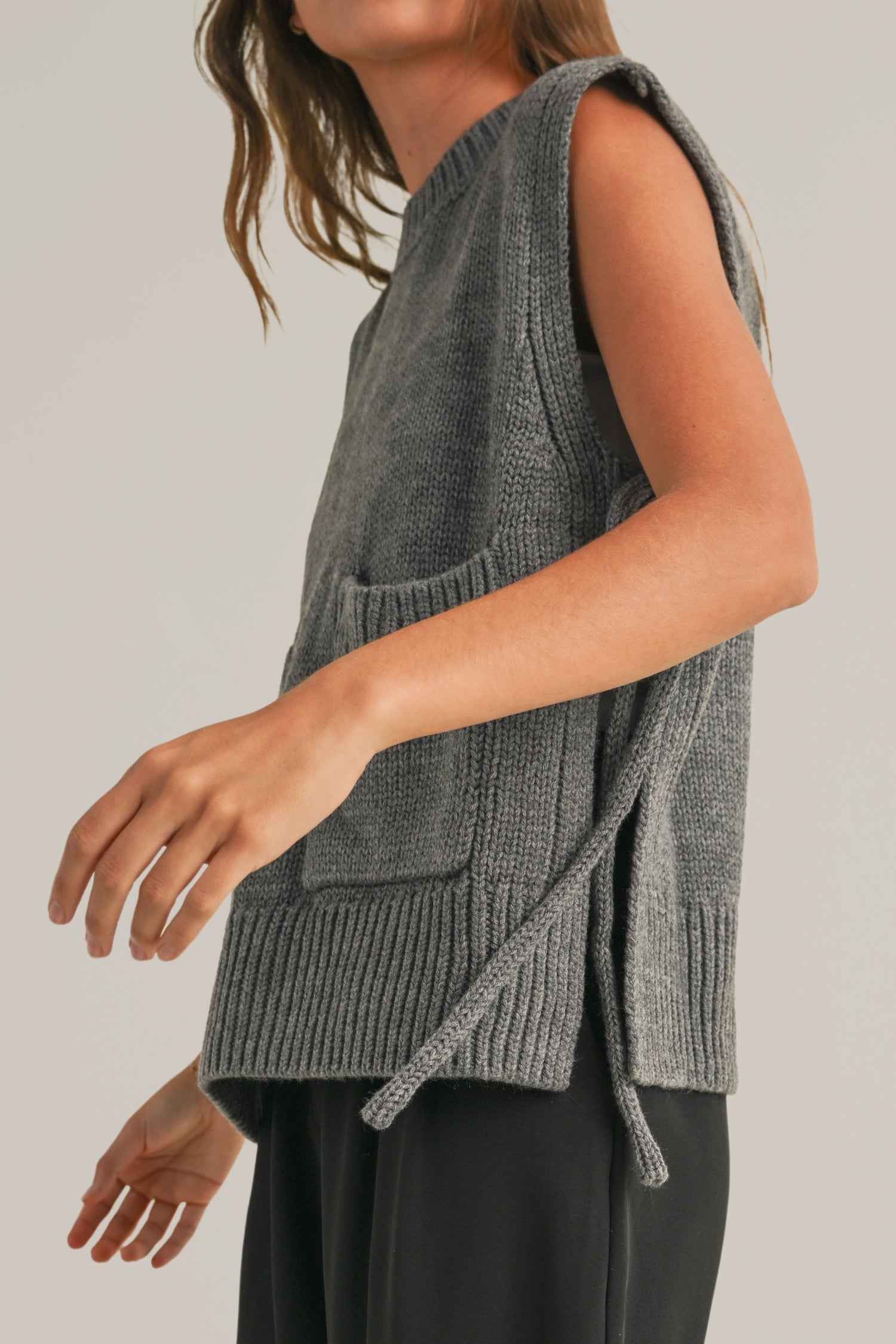 side tie sweater vest with pockets