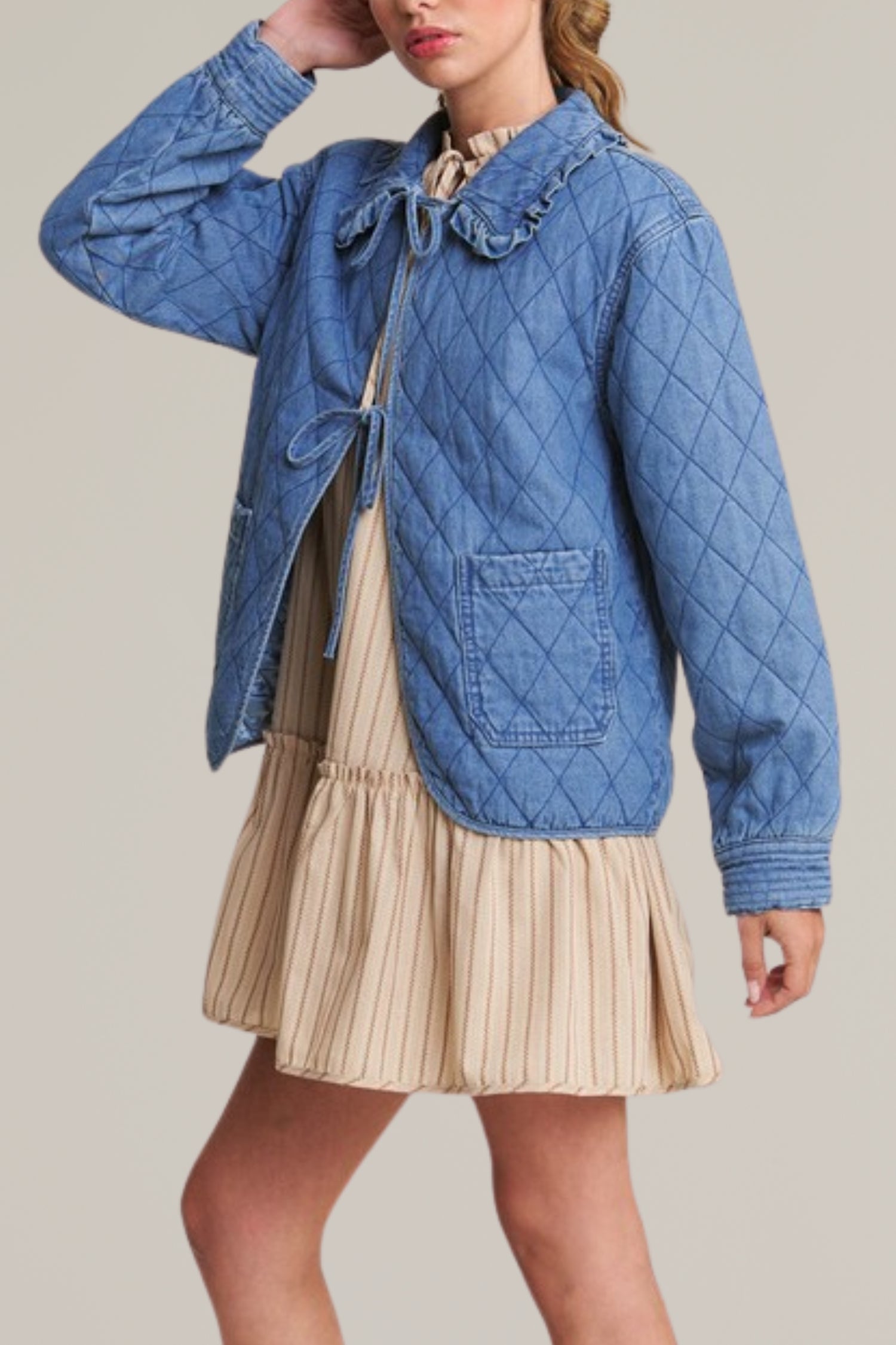 denim tie front quilted jacket